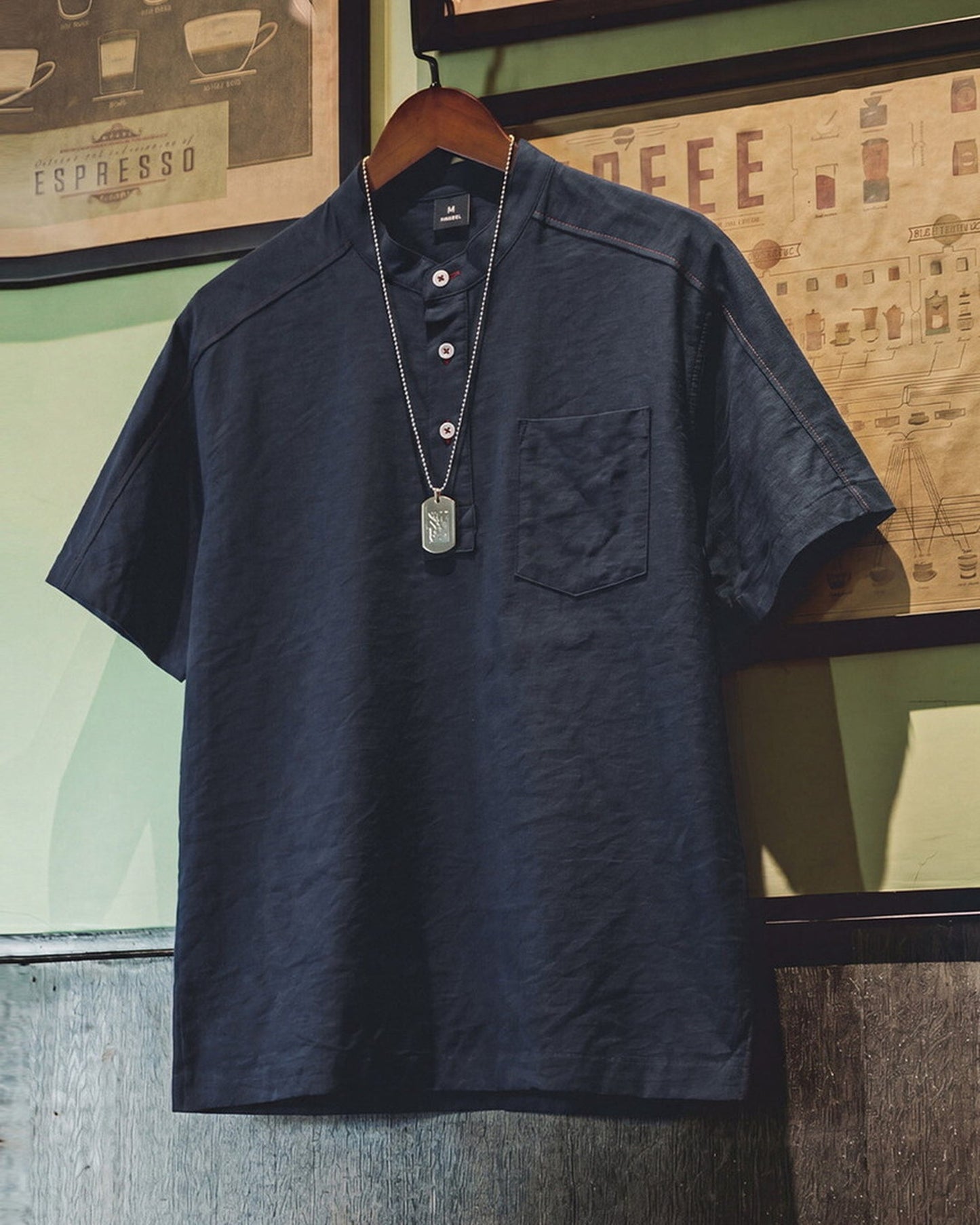 Classic Contrast-Stitch Band-Collar Vintage Pullover-Shirt 【ACT0094】