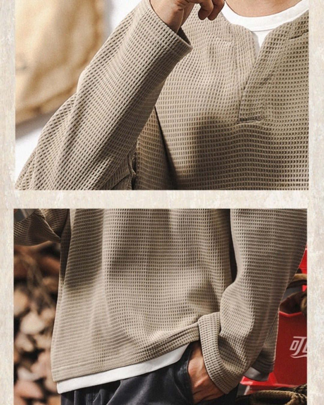 【M-4XL】waffle henley neck long sleeve shirt 【ACT0249】