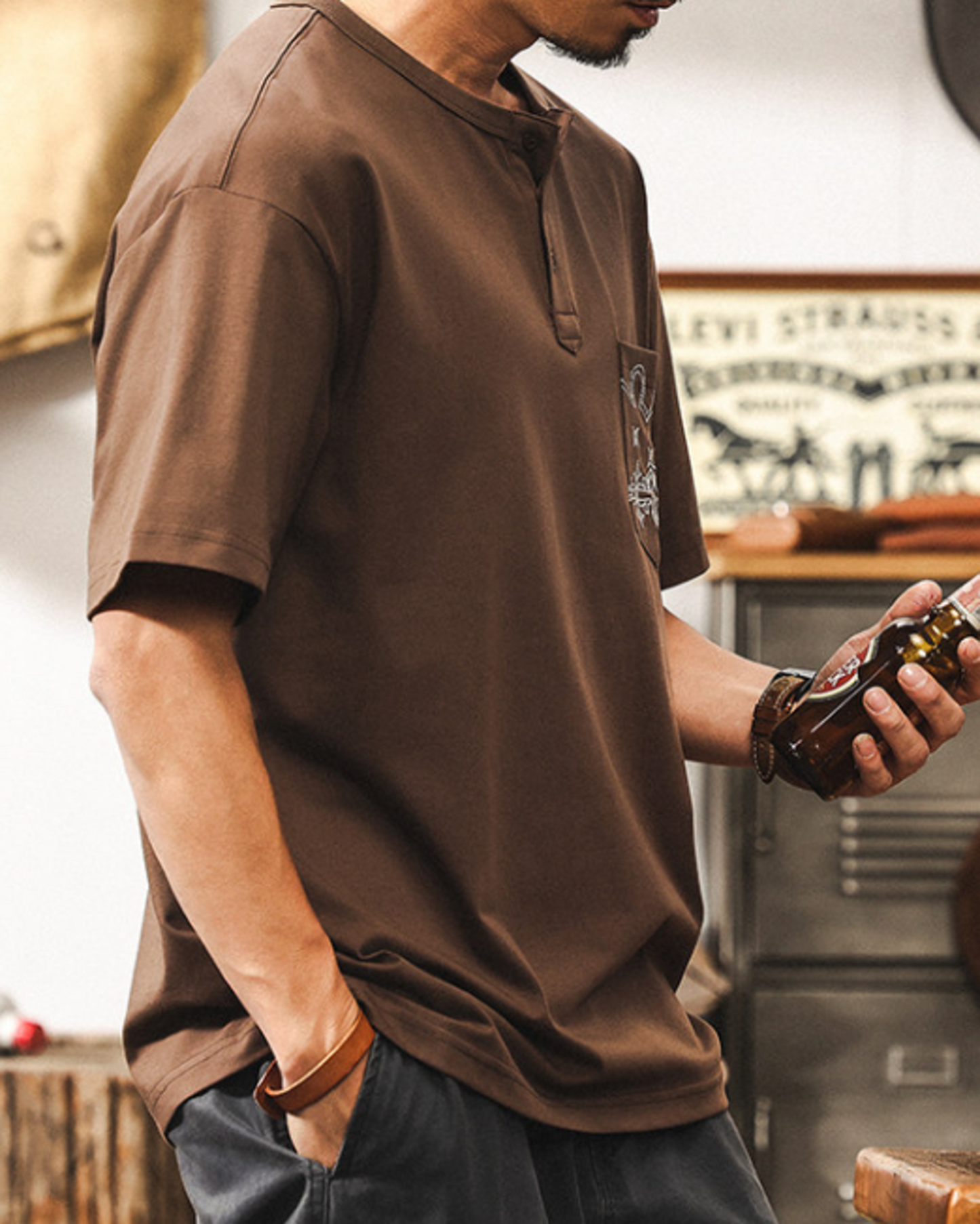 embroidery pocket henley neck short sleeve T-shirt 【ACT0234】