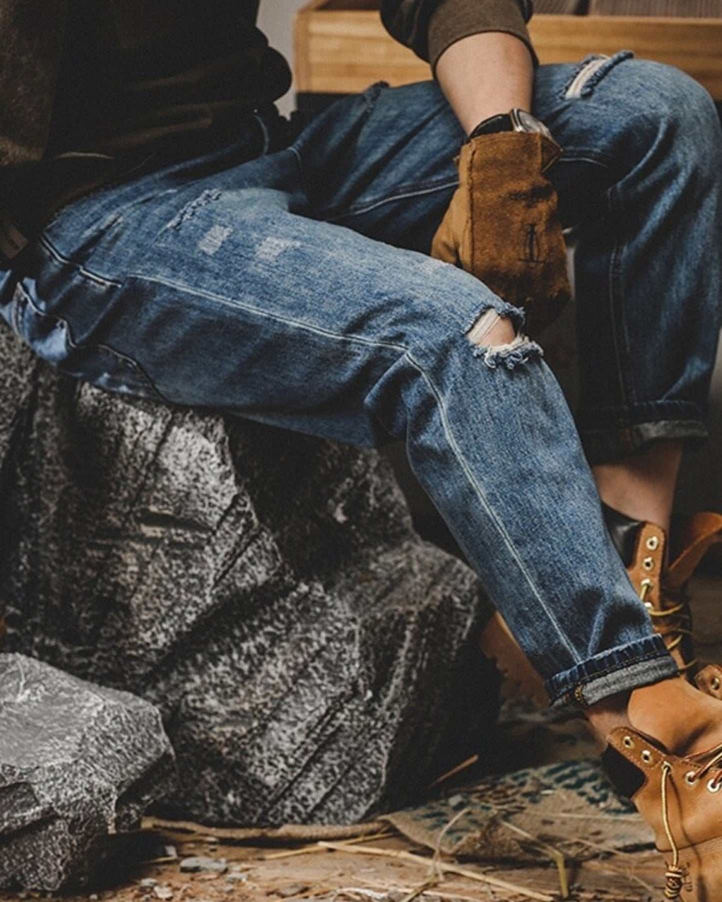 vintage relaxed tapered damage denim pants 2color 【ACT0199】