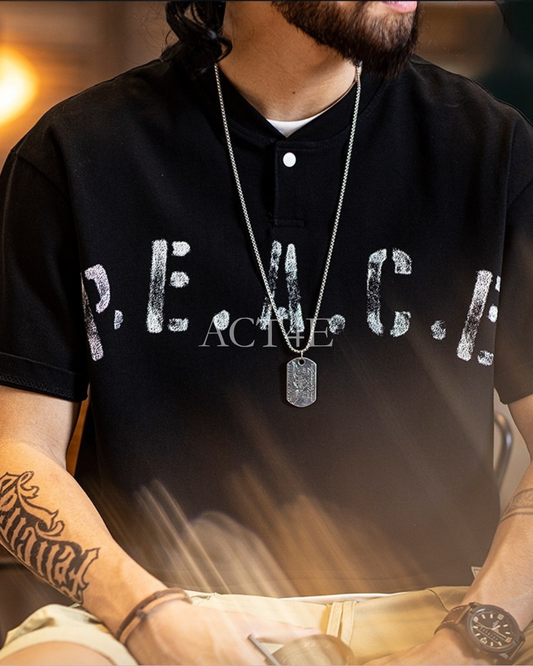 Letter-Print Loose Casual Henley-Neck T-Shirt 2color 【ACT0080】