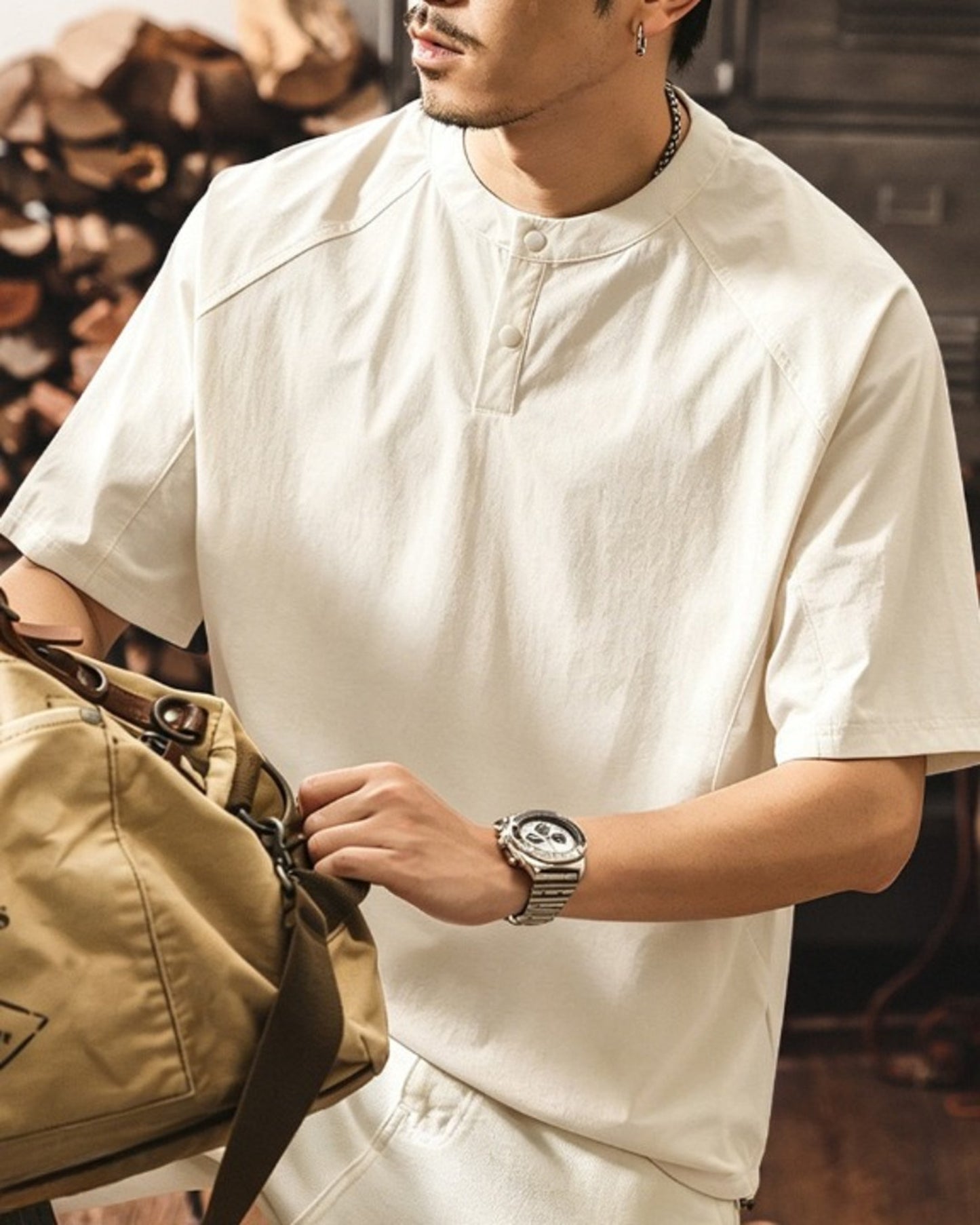 functional henley neck short sleeve t-shirt 2color 【ACT0162】