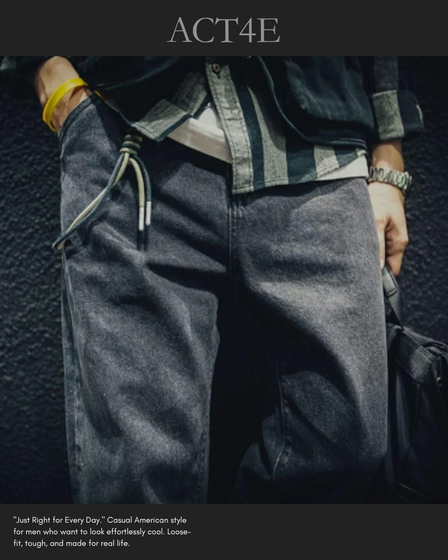 drawstring processed wide straight denim pants 【ACT0022】