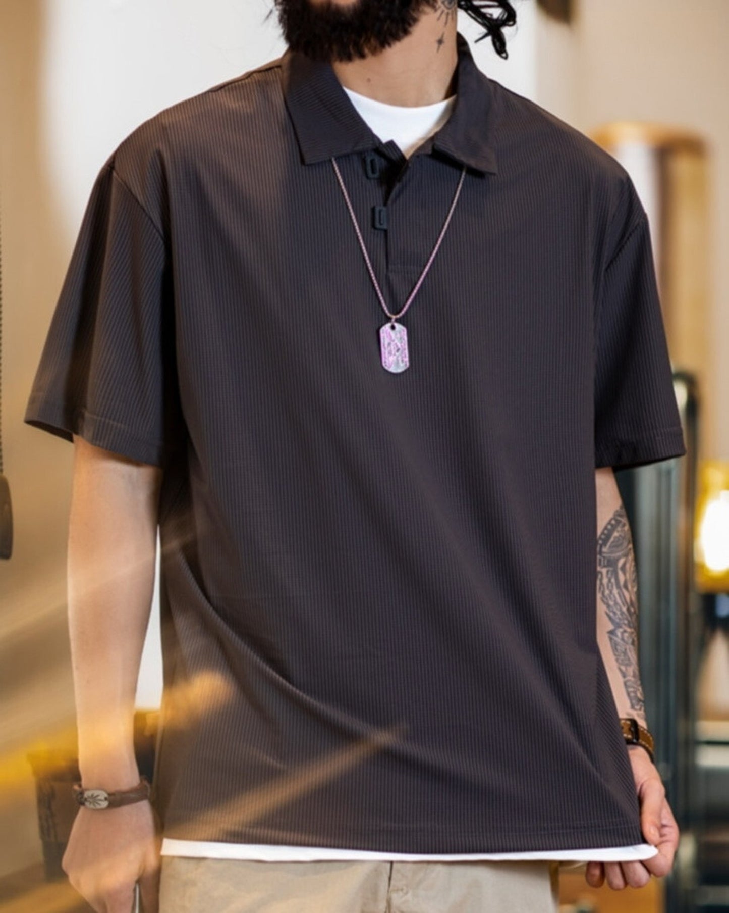 Texture Stripe Polo Loose Short-Sleeve Casual Shirt 【ACT0074】