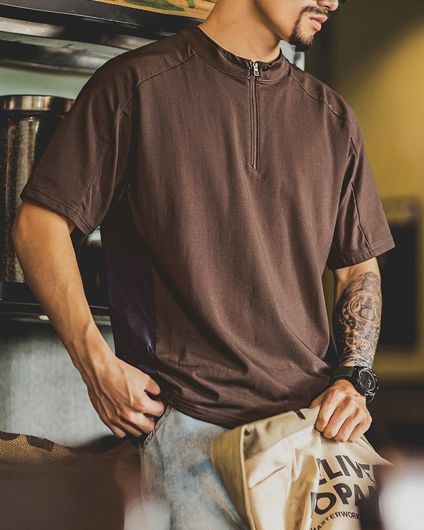 Half-Zip Coolmax-Blend Color-Block Short-Sleeve T-Shirt 【ACT0132】