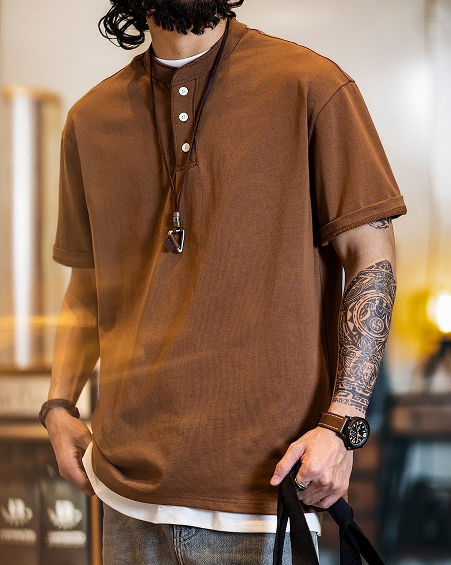 Henley-Neck Casual Loose Short-Sleeve T-Shirt 4color 【ACT0076】