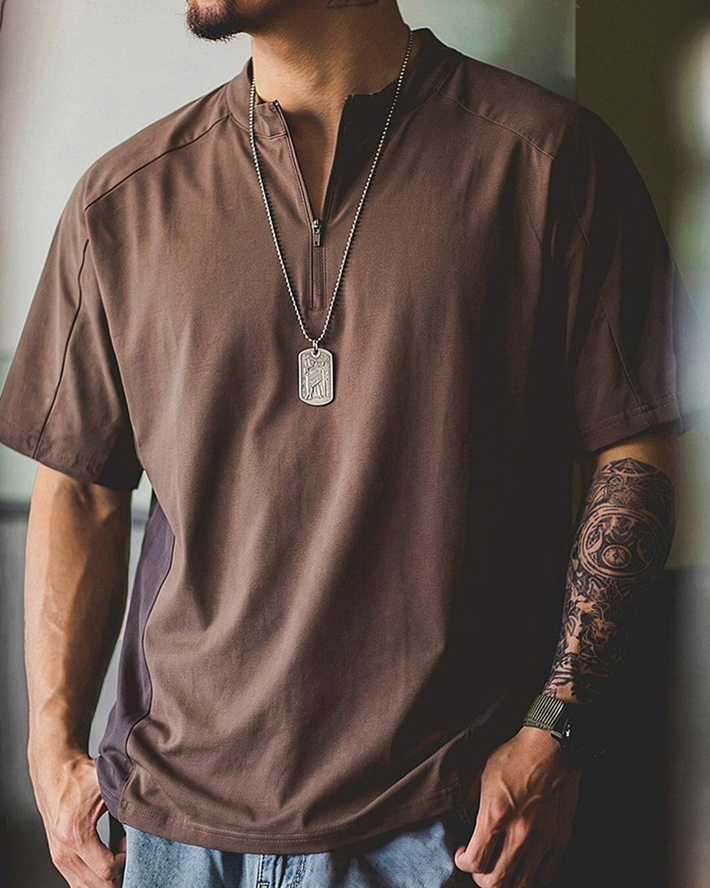 Half-Zip Coolmax-Blend Color-Block Short-Sleeve T-Shirt 【ACT0132】