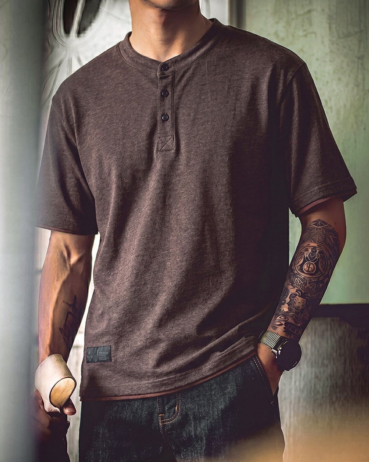 Relaxed Contrast-Trim Heavyweight Cotton Henley T-Shirt 【ACT0100】