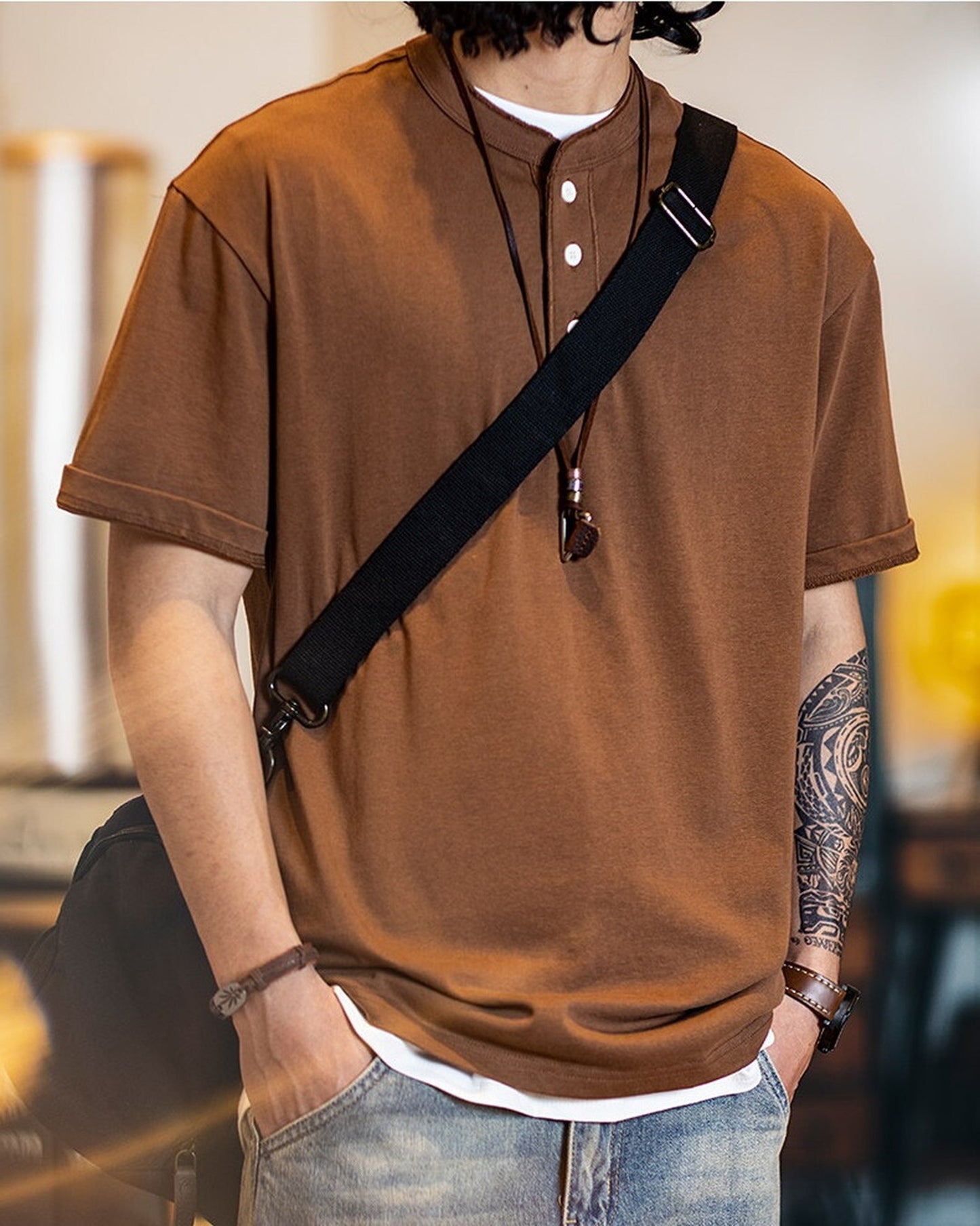 Henley-Neck Casual Loose Short-Sleeve T-Shirt 4color 【ACT0076】