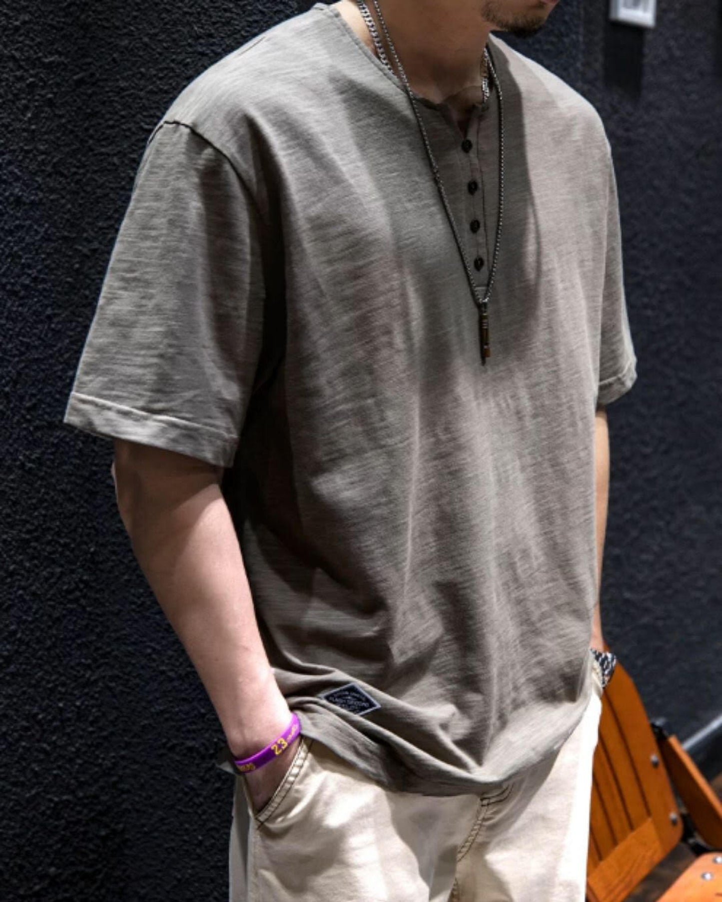 button front v-neck t-shirt 4color 【ACT0034】