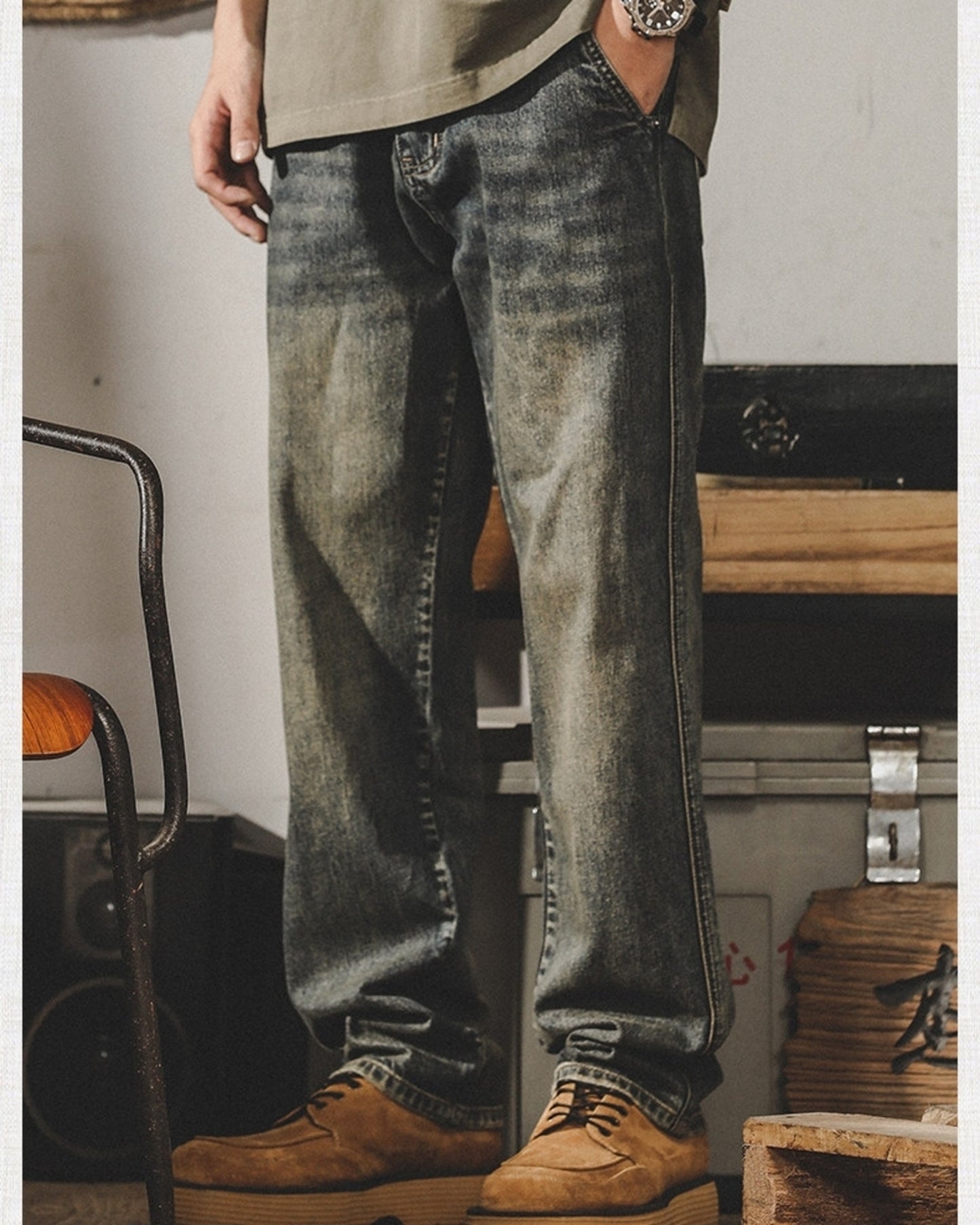 loose straight mud wash denim pants 【ACT0186】