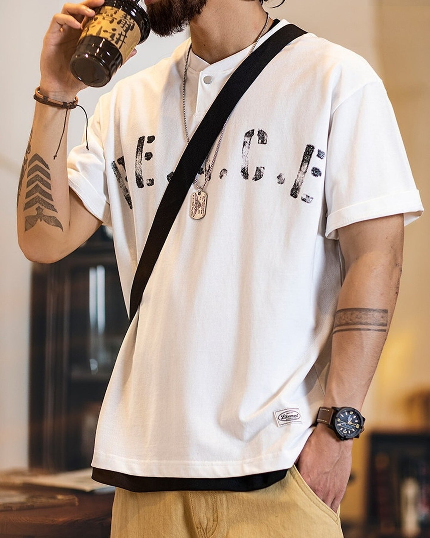 Letter-Print Loose Casual Henley-Neck T-Shirt 2color 【ACT0080】