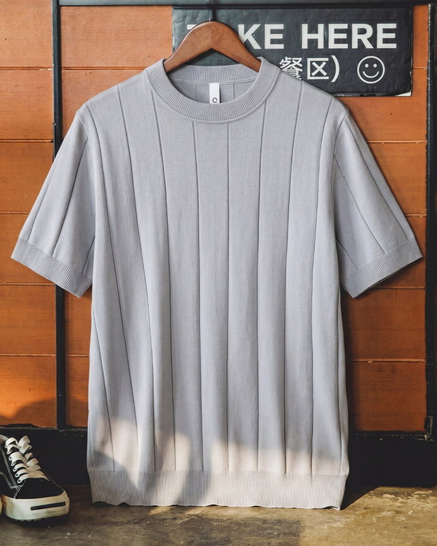 Smart-Casual Vertical-Stripe Knit Relaxed T-Shirt 4color 【ACT0101】
