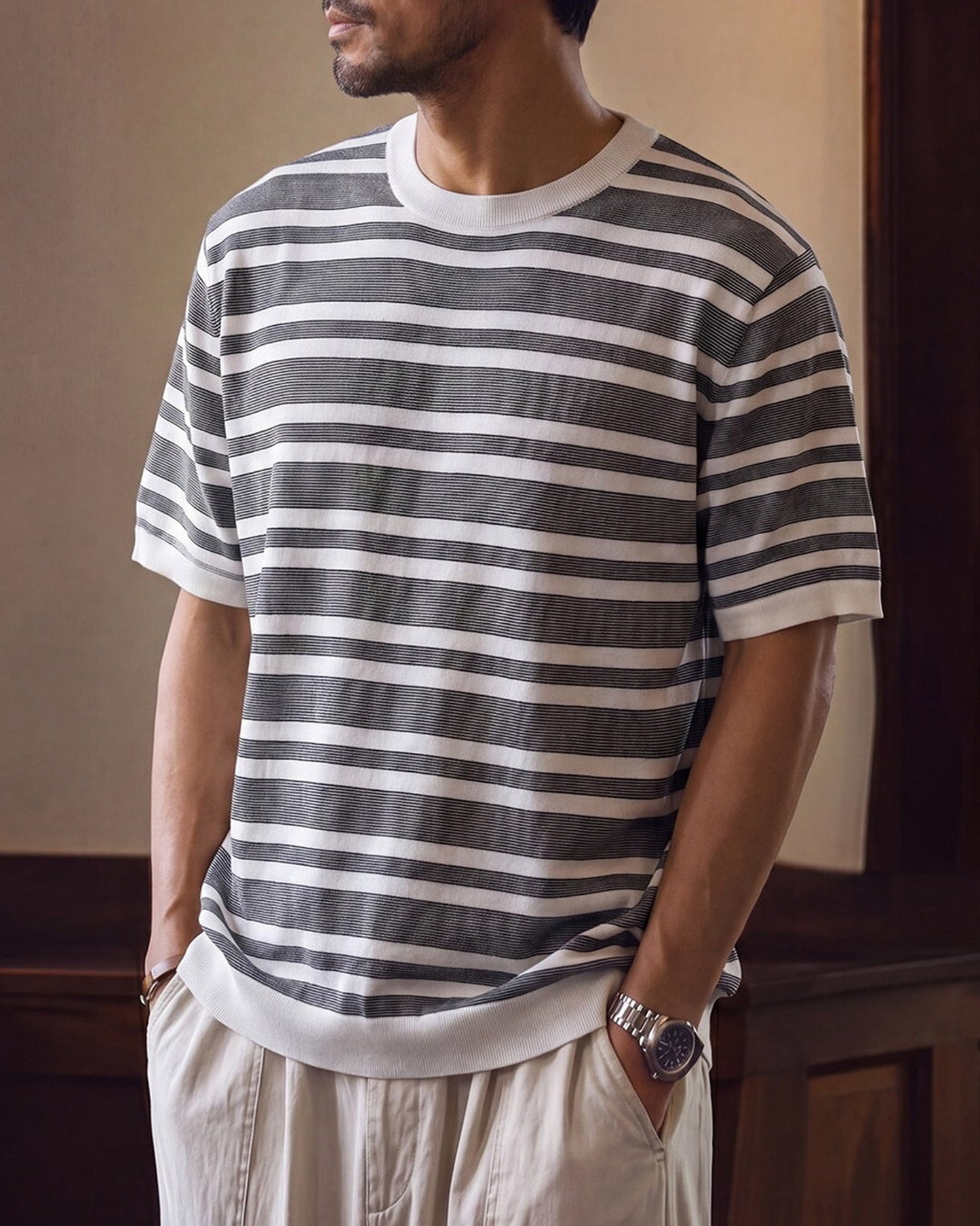 Short Sleeve Relaxed Fit Striped Crew Neck Knit T-Shirt 2color 【ACT0123】