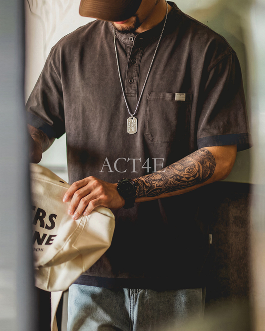 Henley-Neck Pocket-Detail Loose Casual Short-Sleeve T-Shirt 【ACT0128】