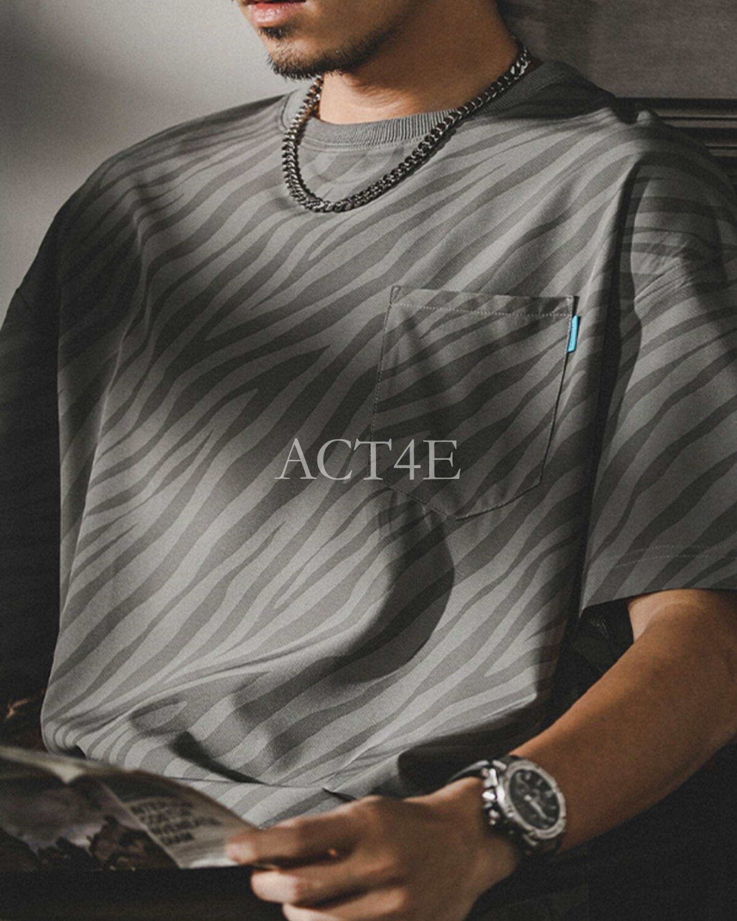 zebra striped pocket short sleeve t-shirt 3color 【ACT0165】