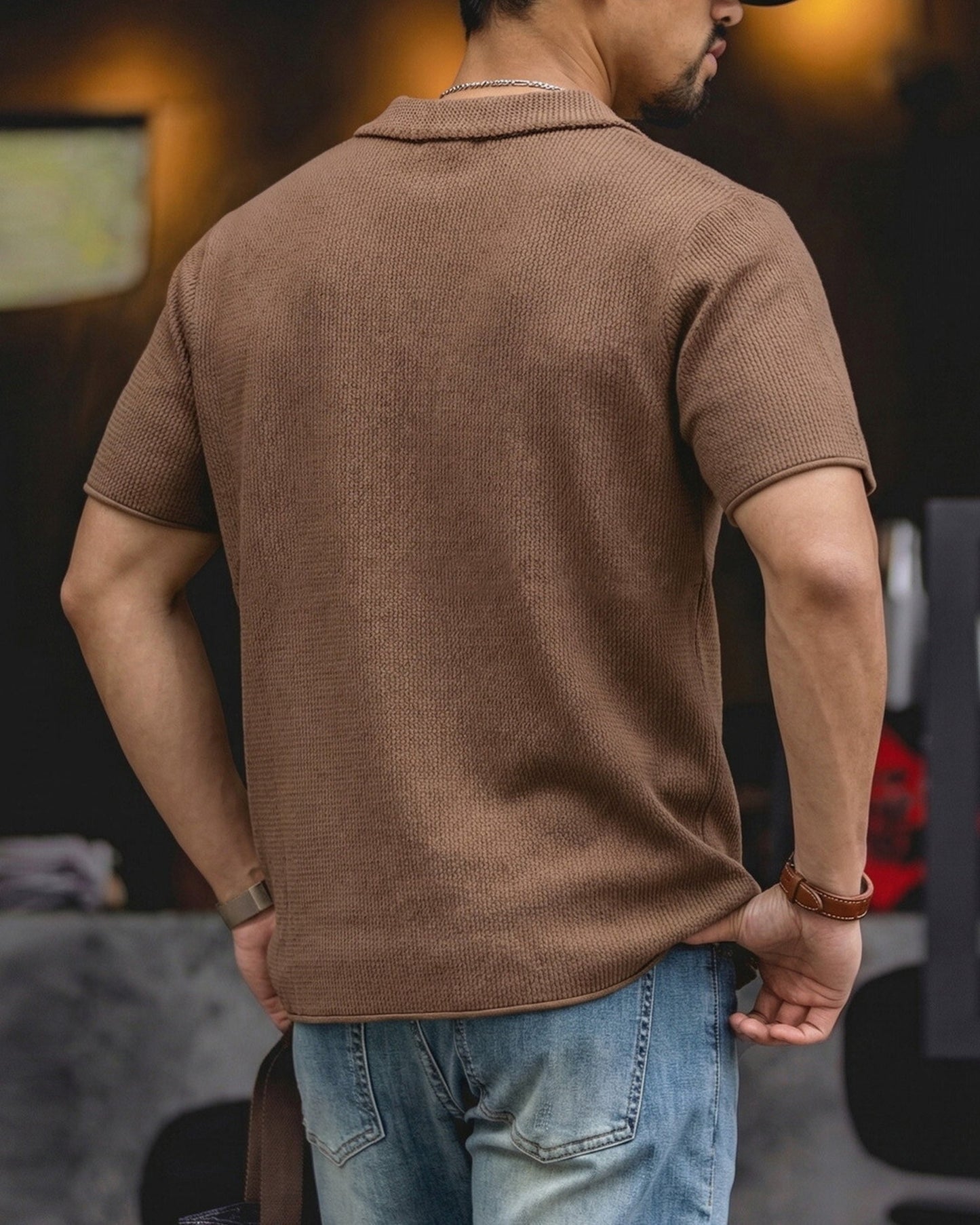 V-Neck Knit Pocket Loose Casual Short-Sleeve Polo Shirt 【ACT0133】