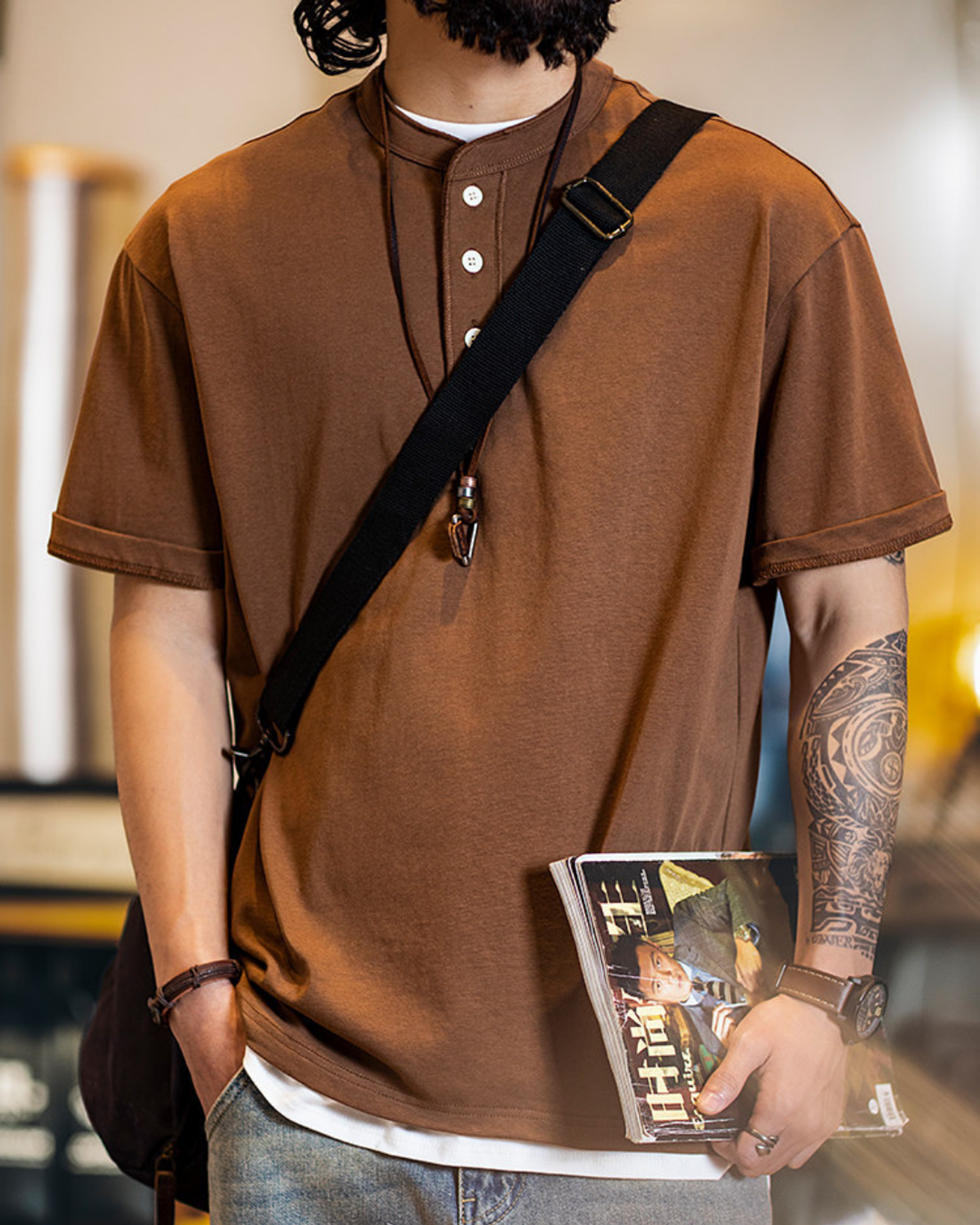 Button detail casual neck t-shirt 4color 【ACT0154】
