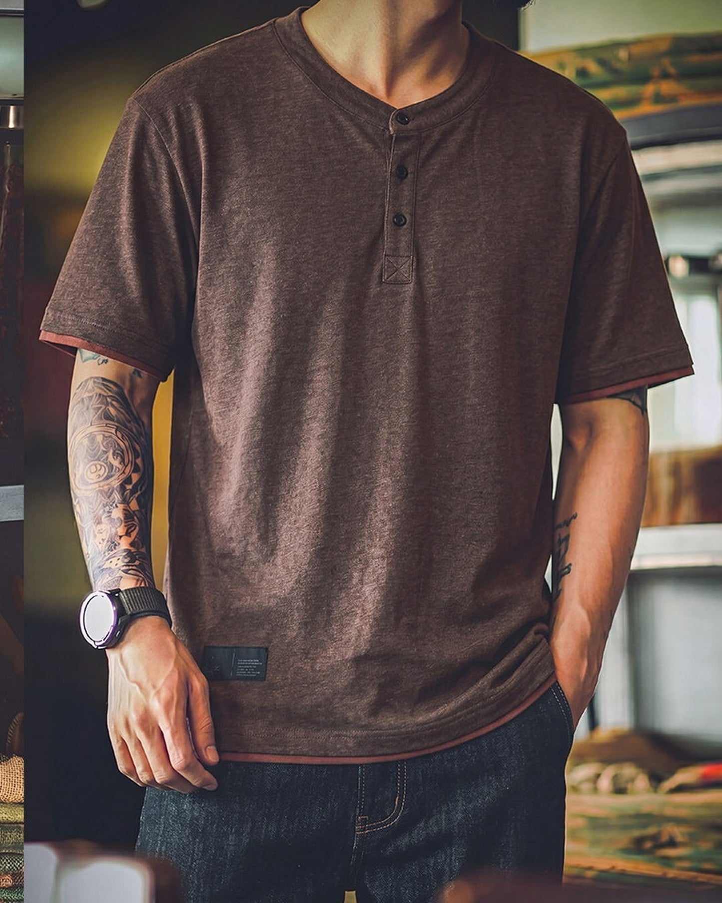 Relaxed Contrast-Trim Heavyweight Cotton Henley T-Shirt 【ACT0100】
