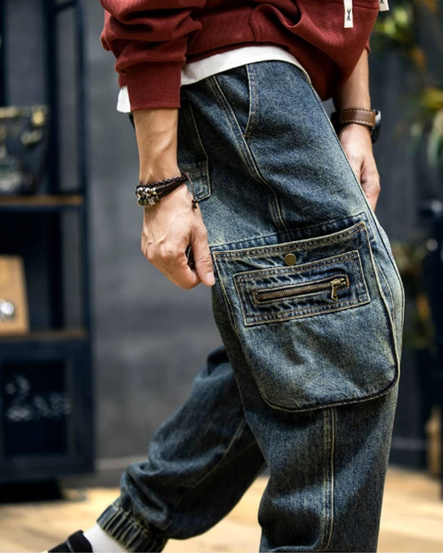zip pocket cargo denim pants 【ACT0017】