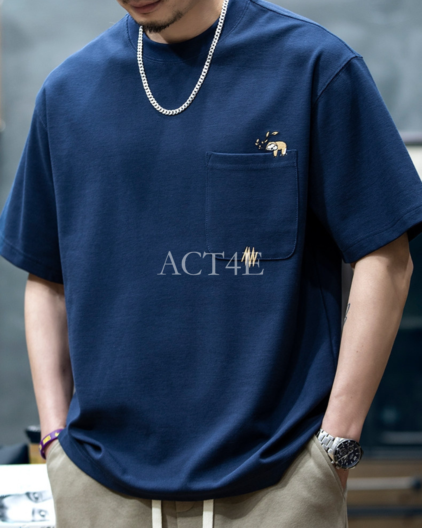 sloth embroidered pocket short sleeve t-shirt 2color 【ACT0159】