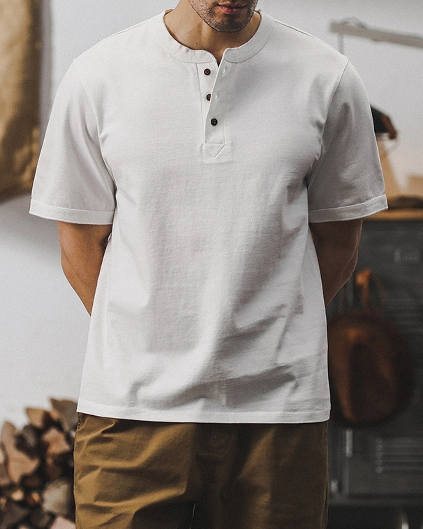 loose cotton henley neck t-shirt 5color 【ACT0164】