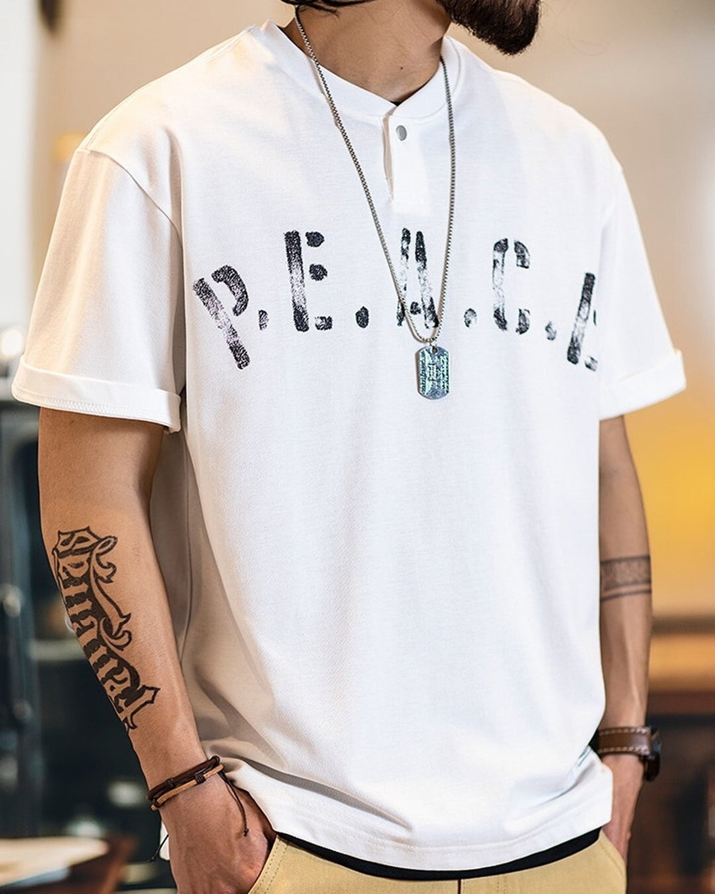 Letter-Print Loose Casual Henley-Neck T-Shirt 2color 【ACT0080】