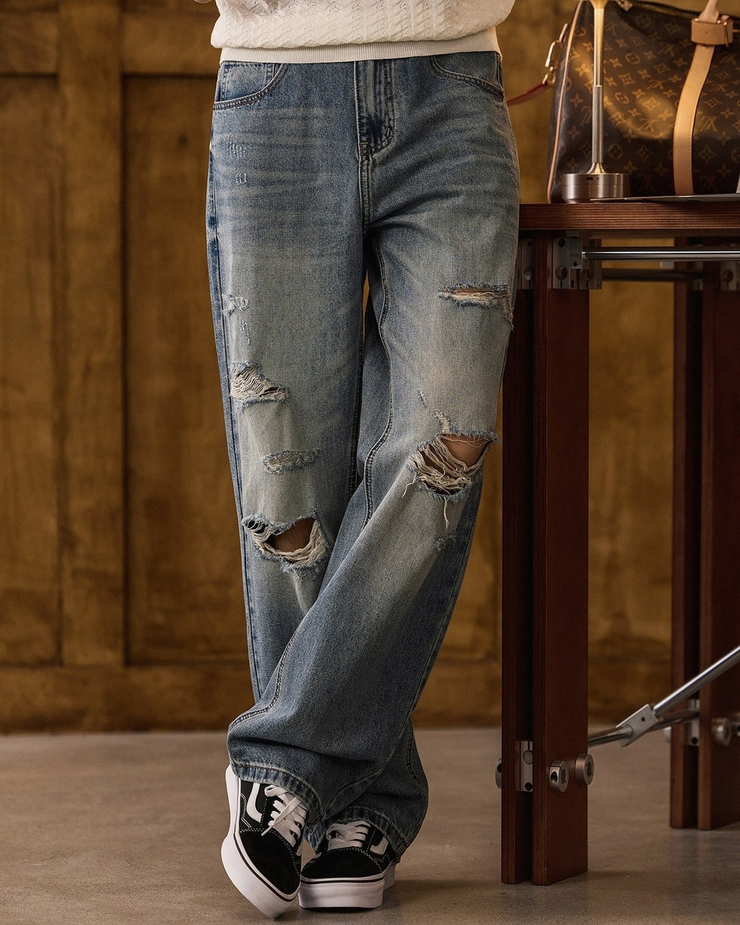 distressed loose straight denim pants 【ACT0177】