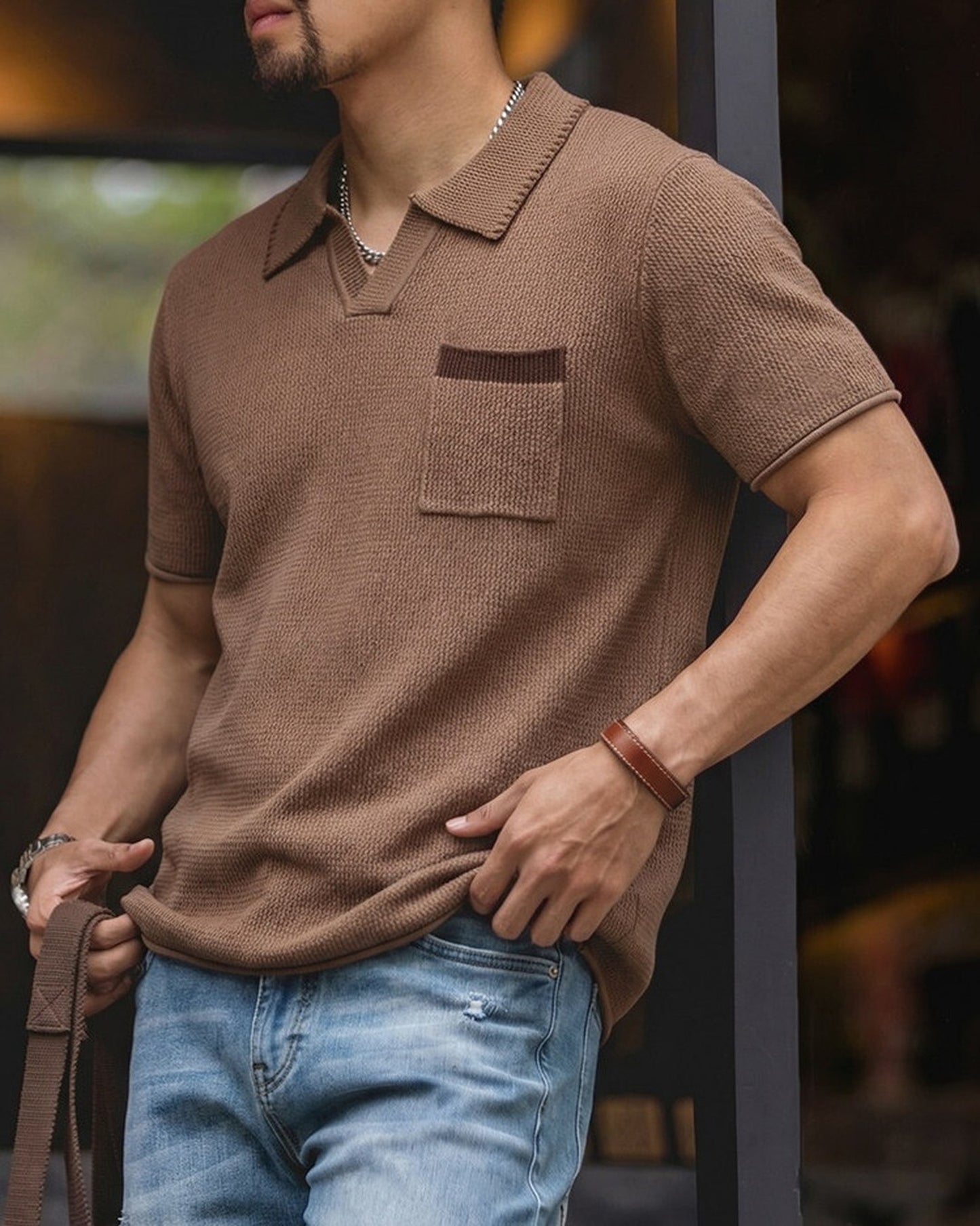 V-Neck Knit Pocket Loose Casual Short-Sleeve Polo Shirt 【ACT0133】