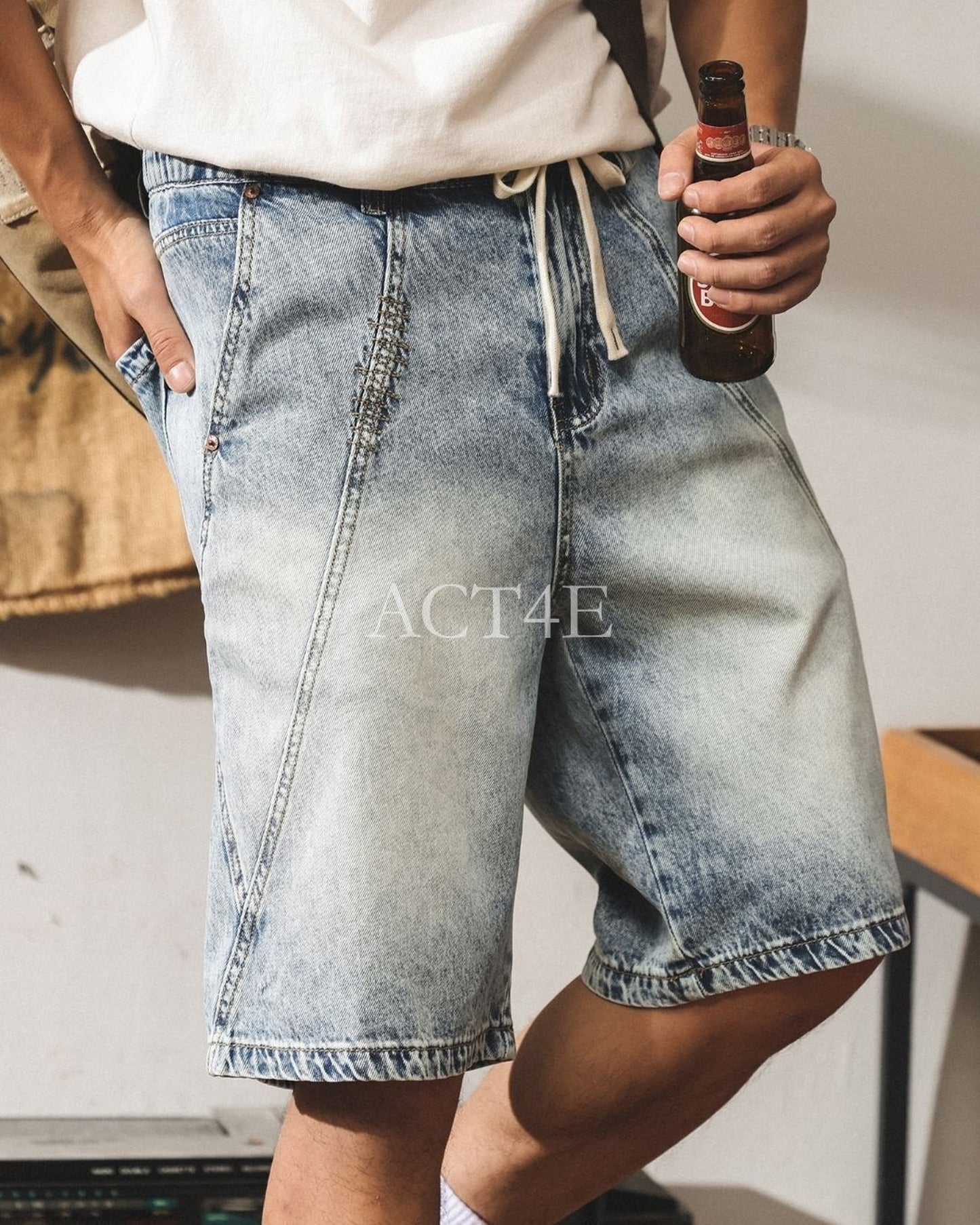 patchwork tencel denim shorts 【ACT0217】