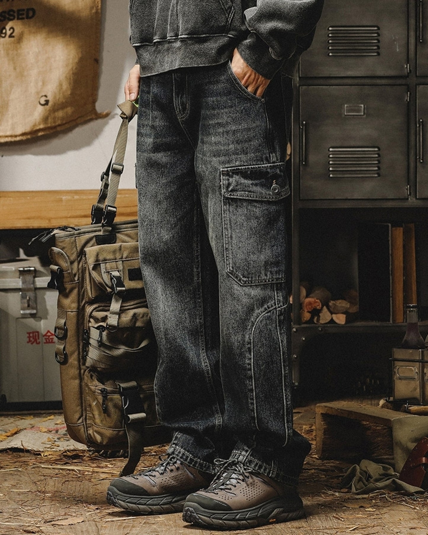heavy weight vintage cargo denim pants 【ACT0196】