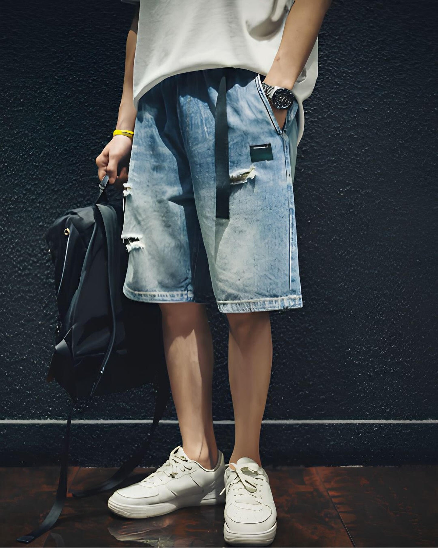 damage processed belted denim half pants 【ACT0005】