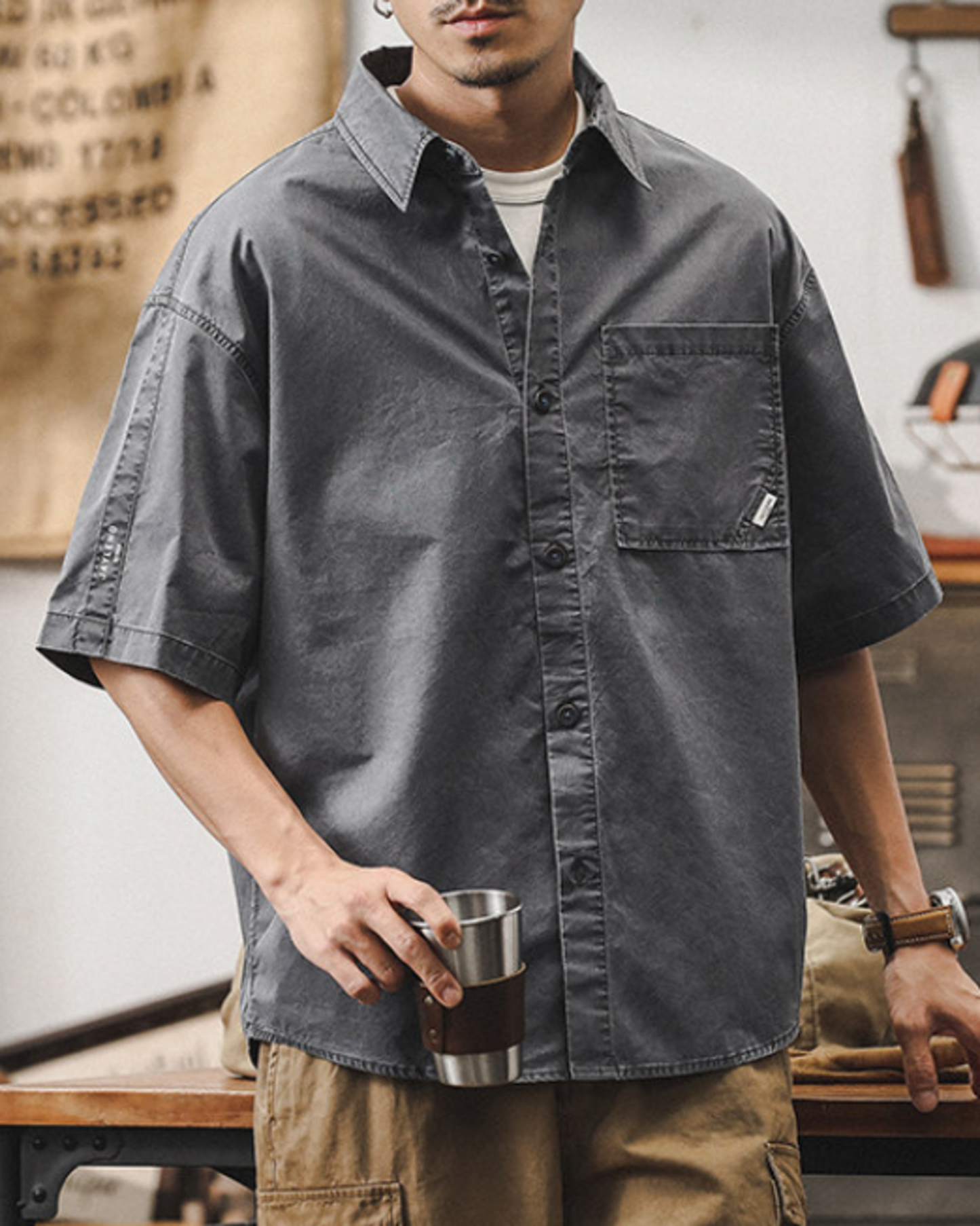 vintage washed loose military short sleeve shirt 2color 【ACT0246】