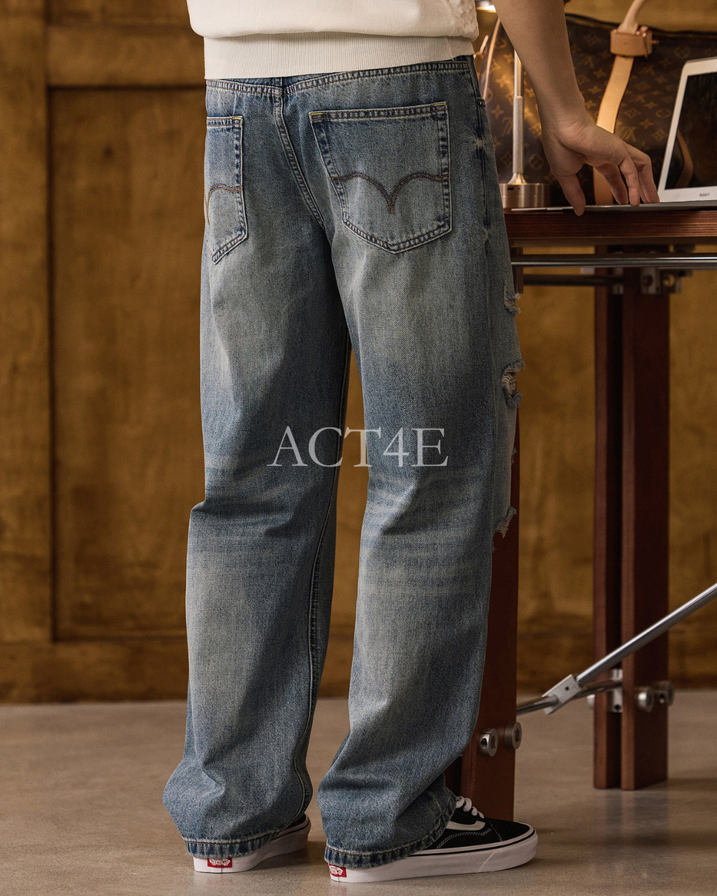 distressed loose straight denim pants 【ACT0177】