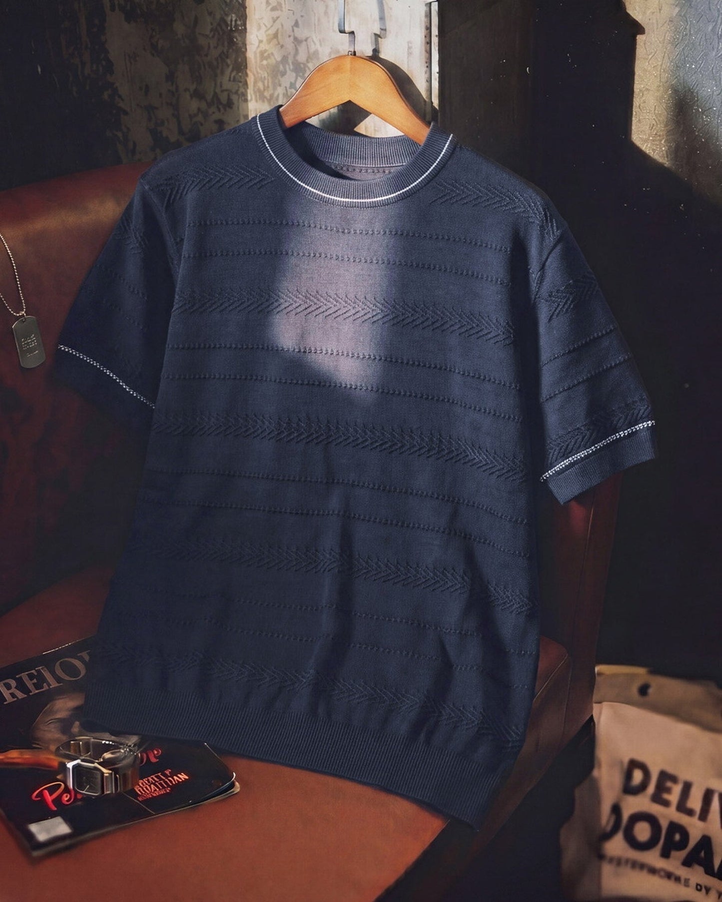 Pattern-Knit Contrast-Trim Loose Casual Knit-Shirt 3color 【ACT0086】