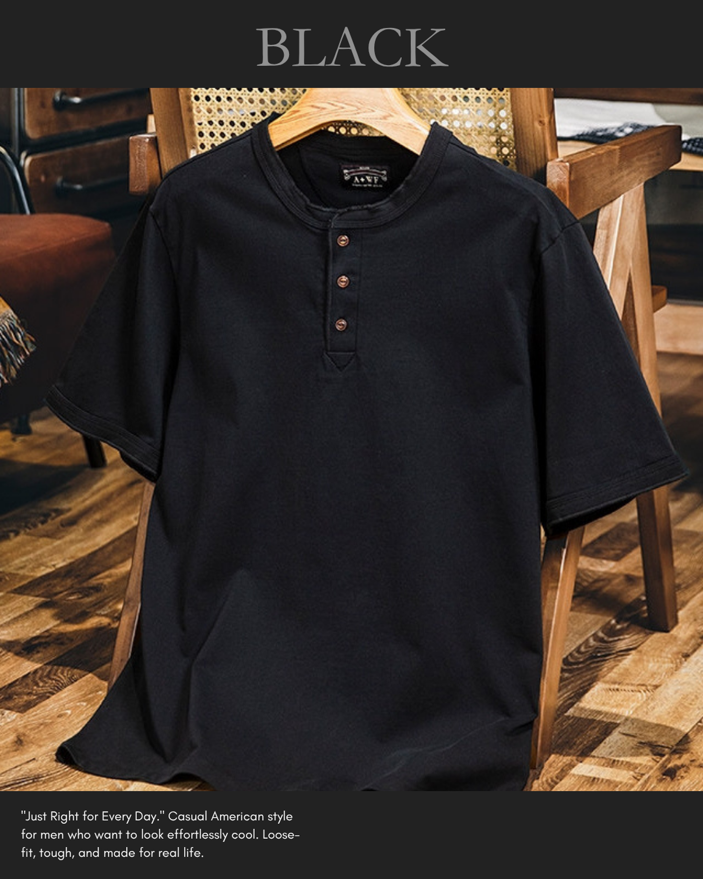 vintage henley neck solid short sleeve t-shirt 5color 【ACT0158】