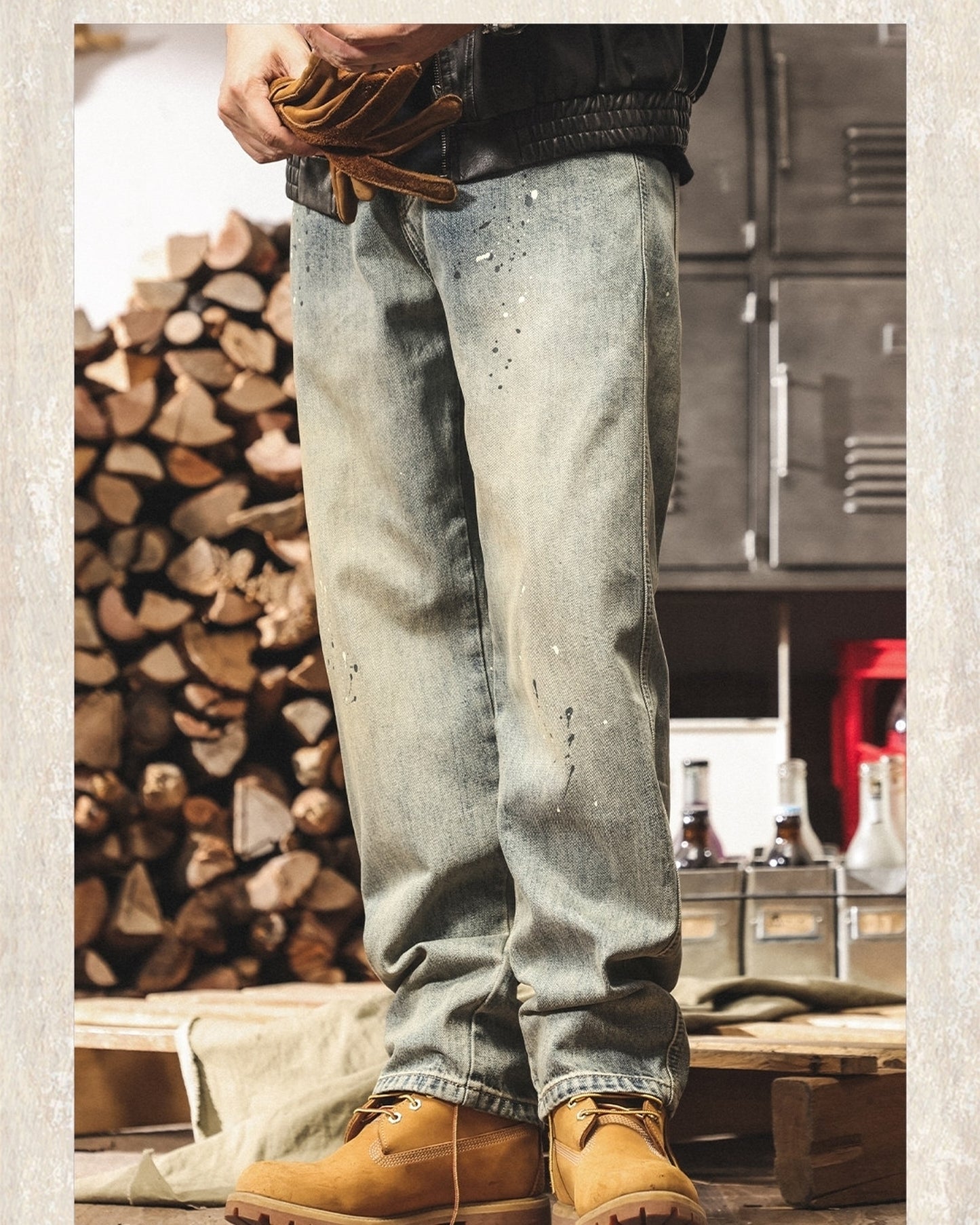 vintage wash splash loose straight denim pants 【ACT0225】