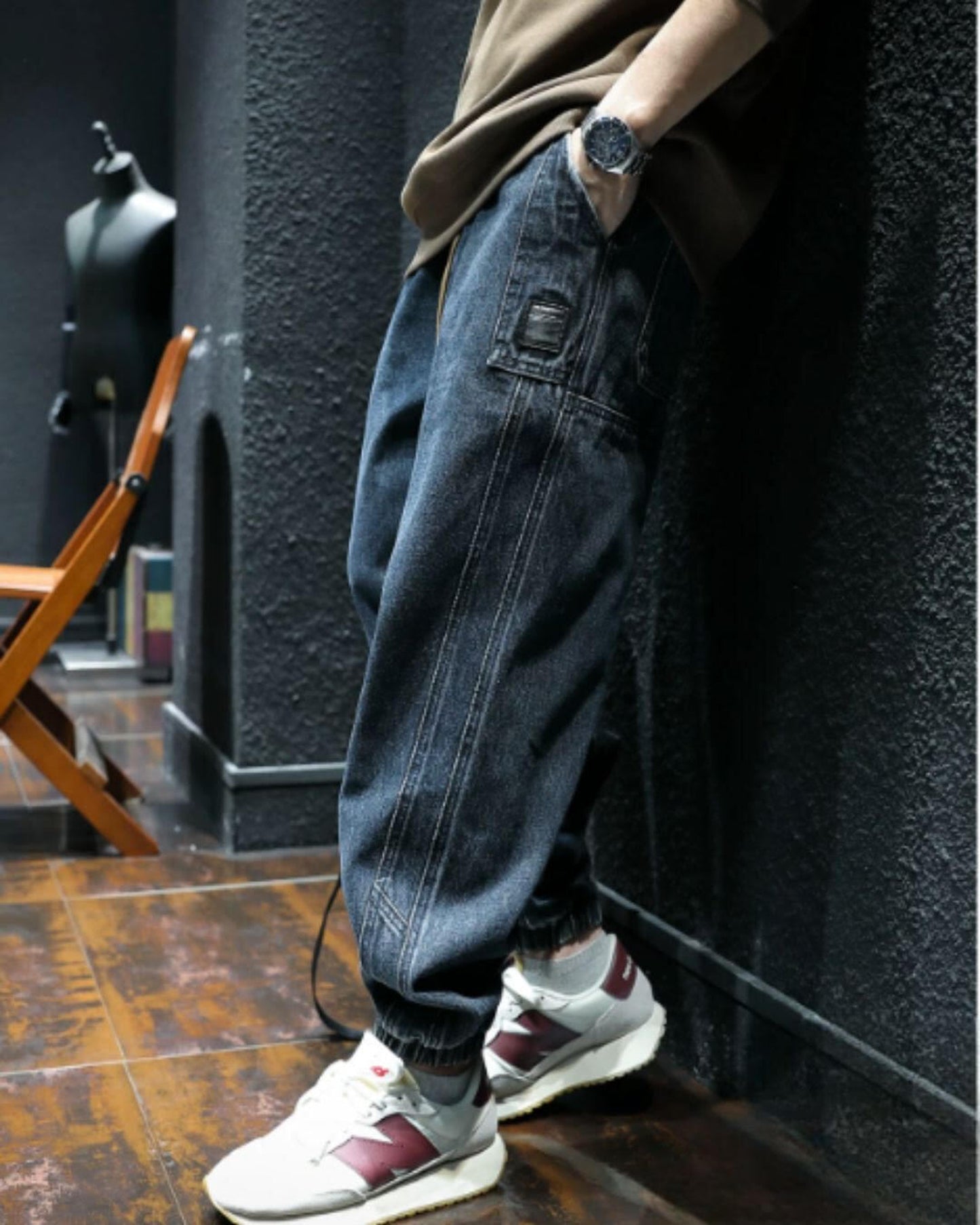 drawstring patch pocket tapered denim pants 【ACT0021】