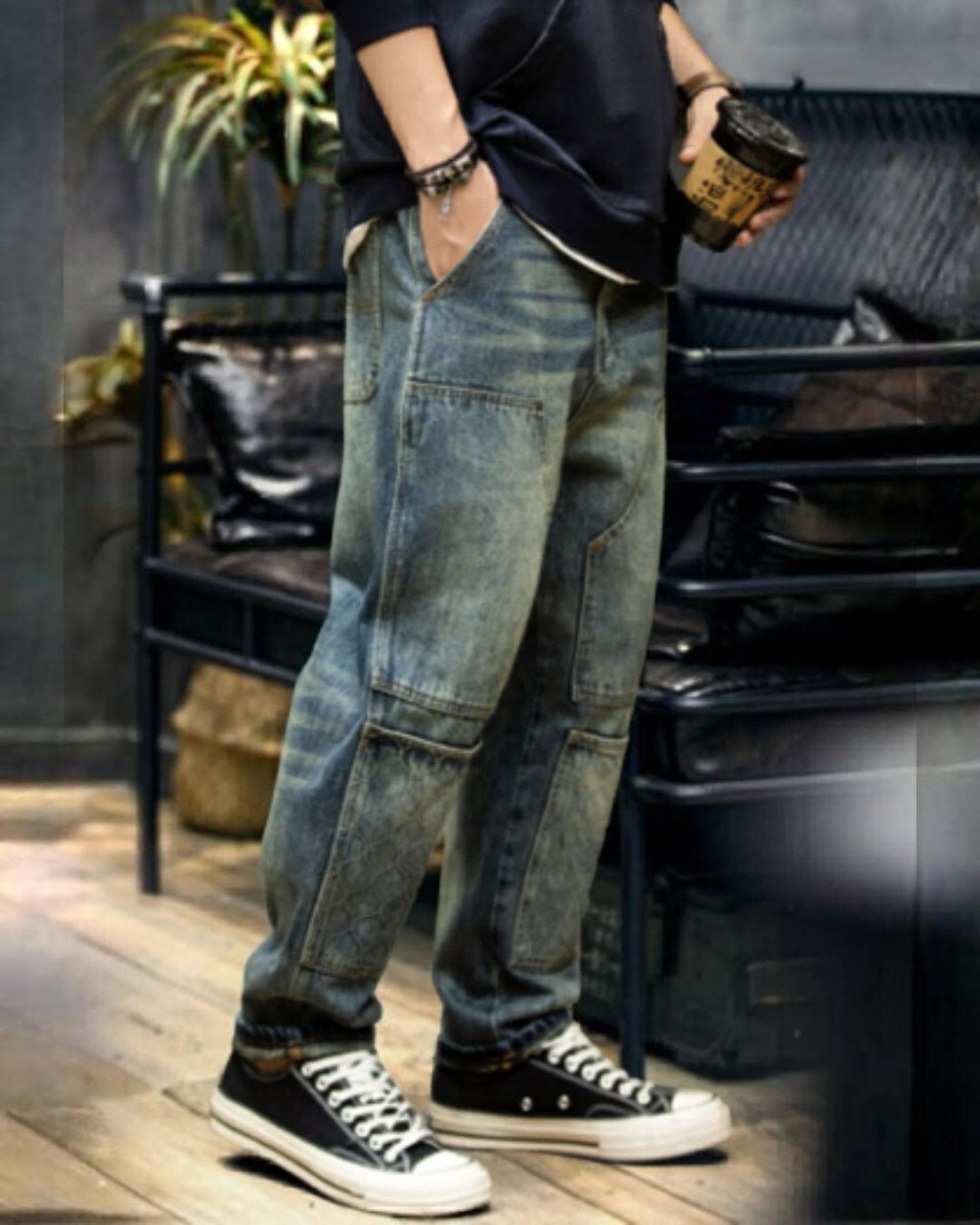 patchwork tapered denim pants 【ACT0003】