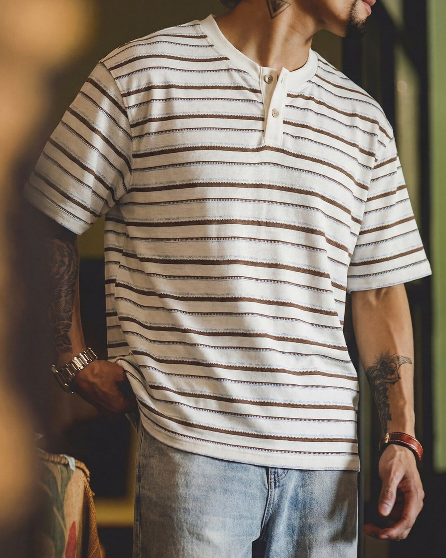 Stripe Henley-Neck Casual Loose Short-Sleeve T-Shirt 【ACT0071】