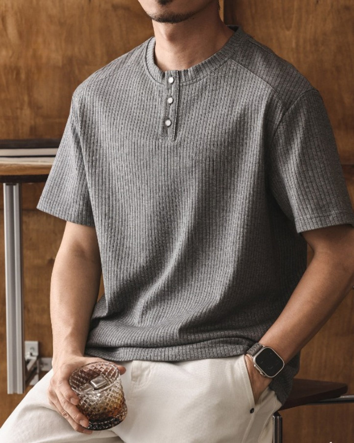 henley neck short sleeve T-shirt 4color 【ACT0235】