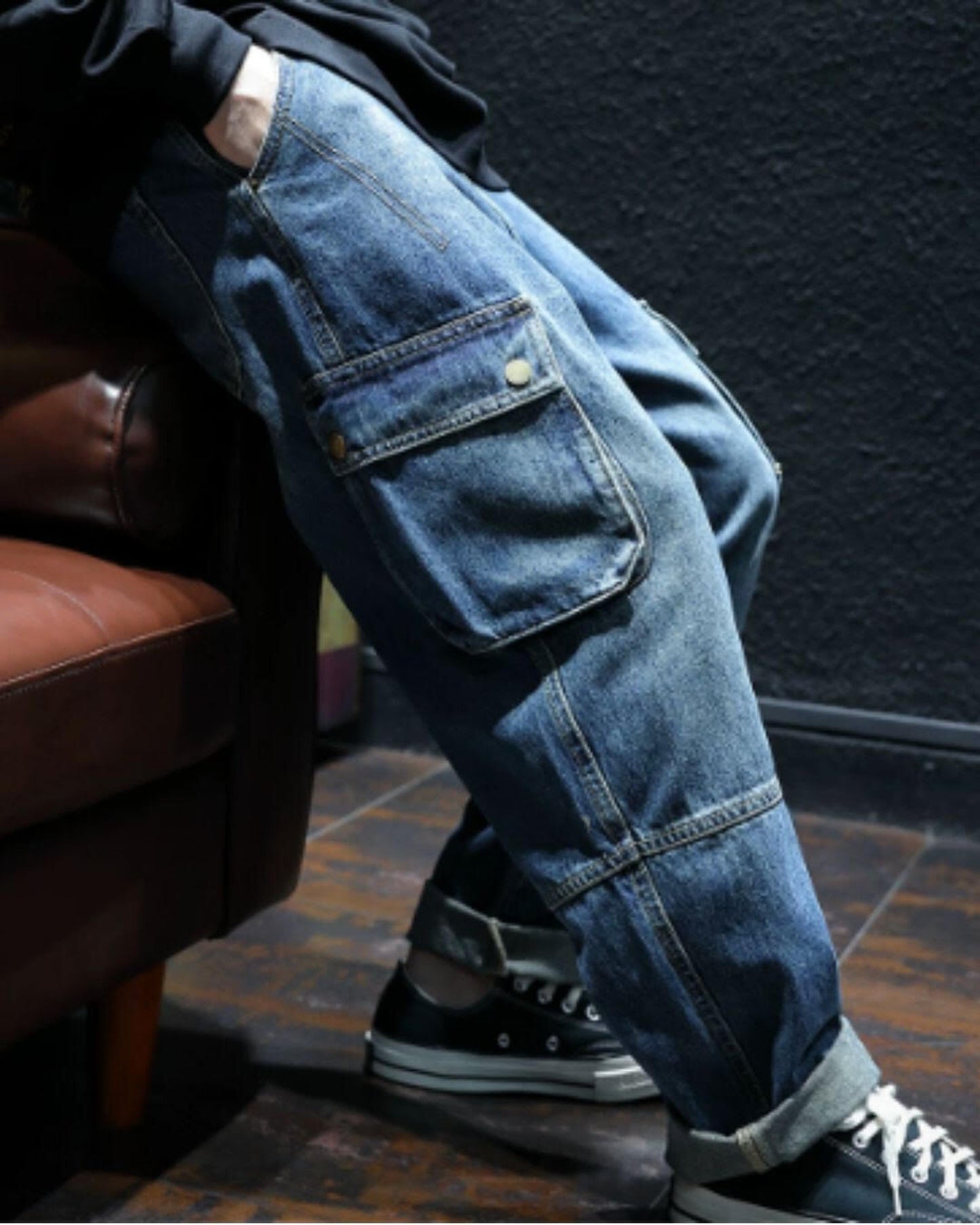 vintage processed loose fit cargo denim pants 【ACT0023】