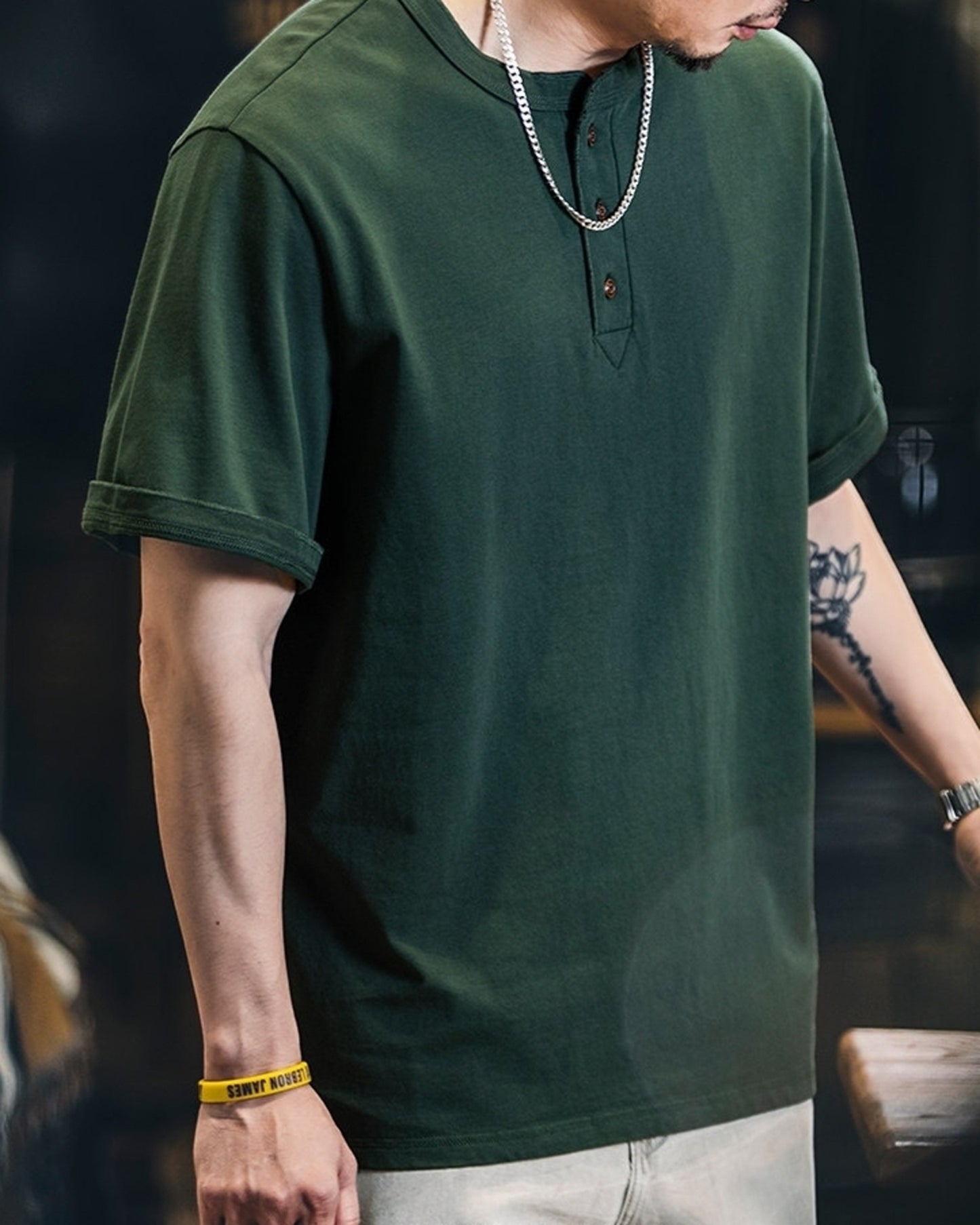 vintage henley neck solid short sleeve t-shirt 5color 【ACT0158】