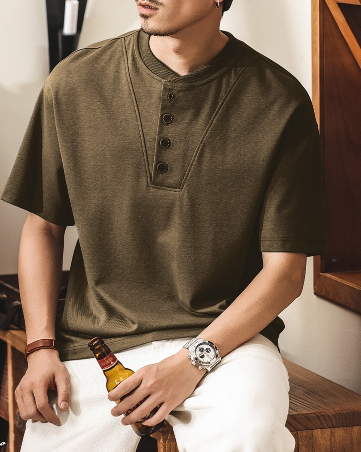 american retro henley neck short sleeve t-shirt 2color 【ACT0161】