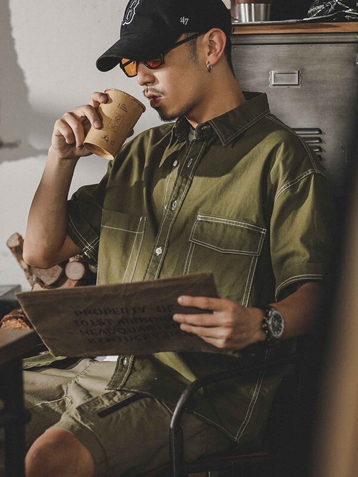 loose-fit stitched pocket short-sleeve cotton shirt 【ACT0252】
