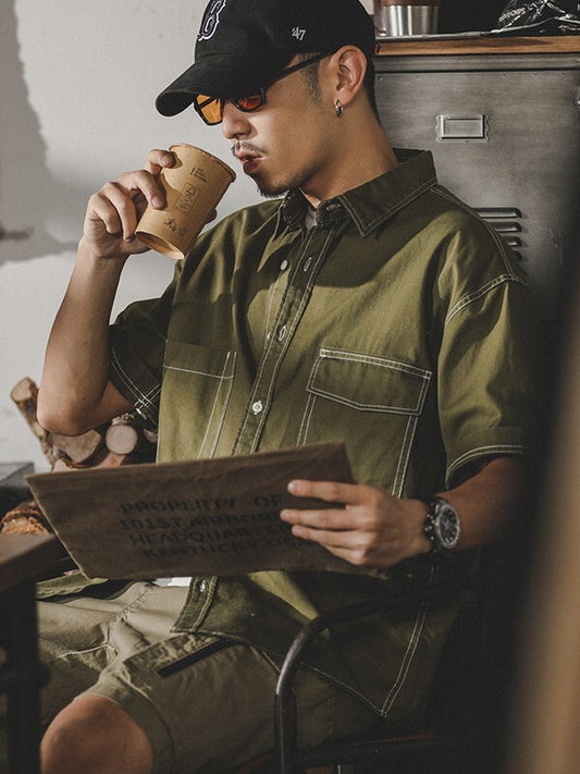 loose-fit stitched pocket short-sleeve cotton shirt 【ACT0252】