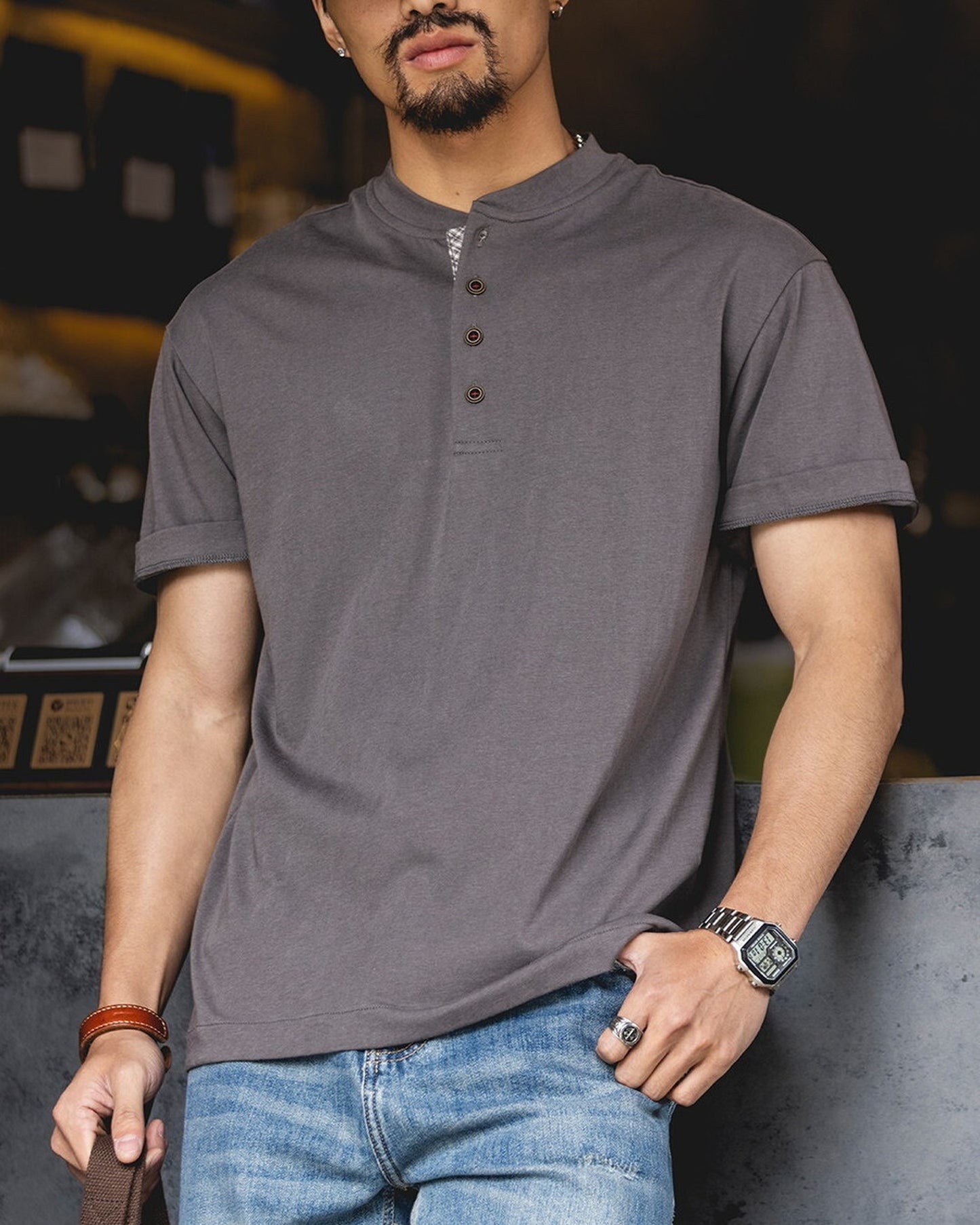 Check Plaid Henley-Neck Loose Casual T-Shirt 【ACT0078】