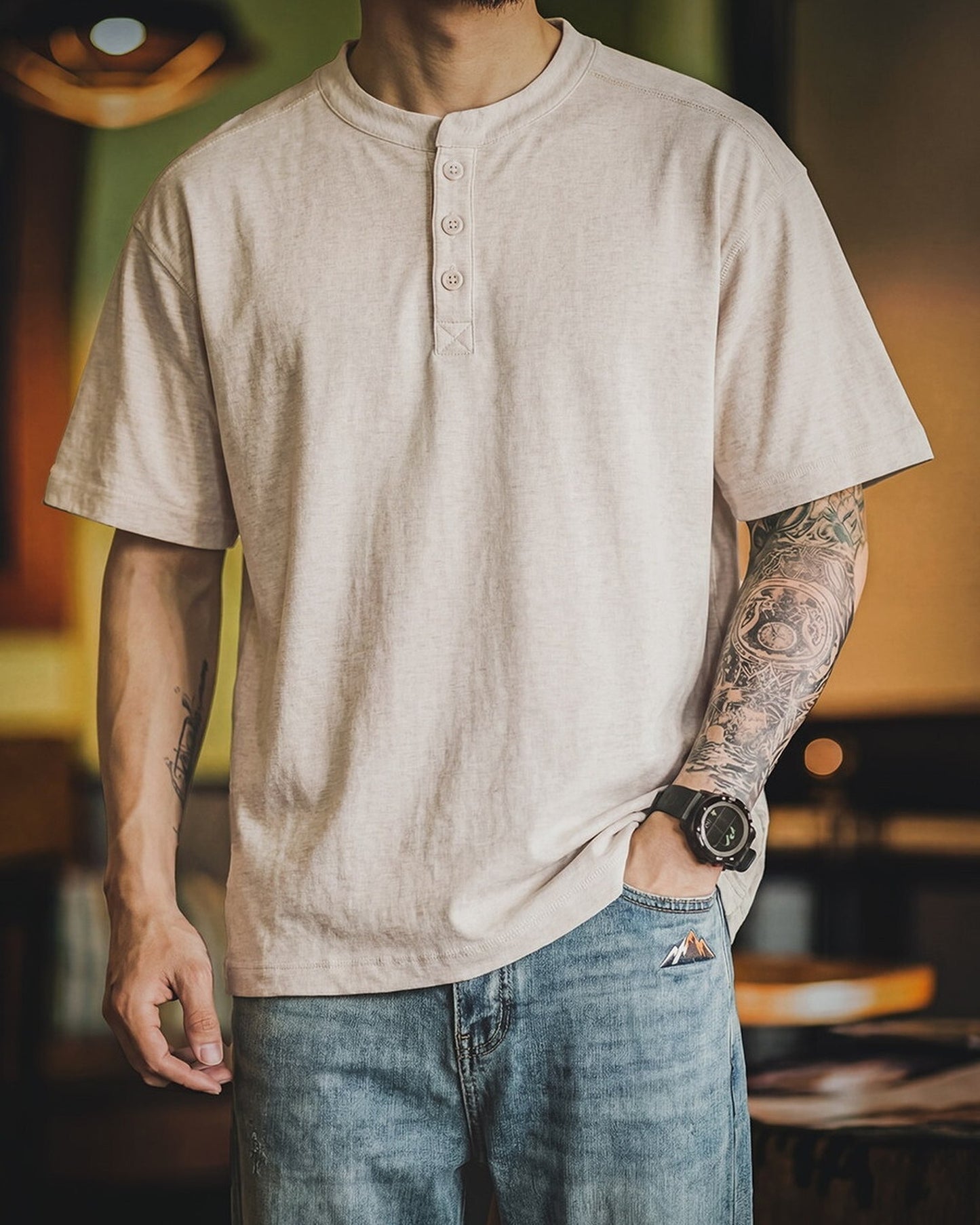 Henley-Neck Slub-Cotton Loose-Casual Short-Sleeve T-Shirt 2color 【ACT0126】