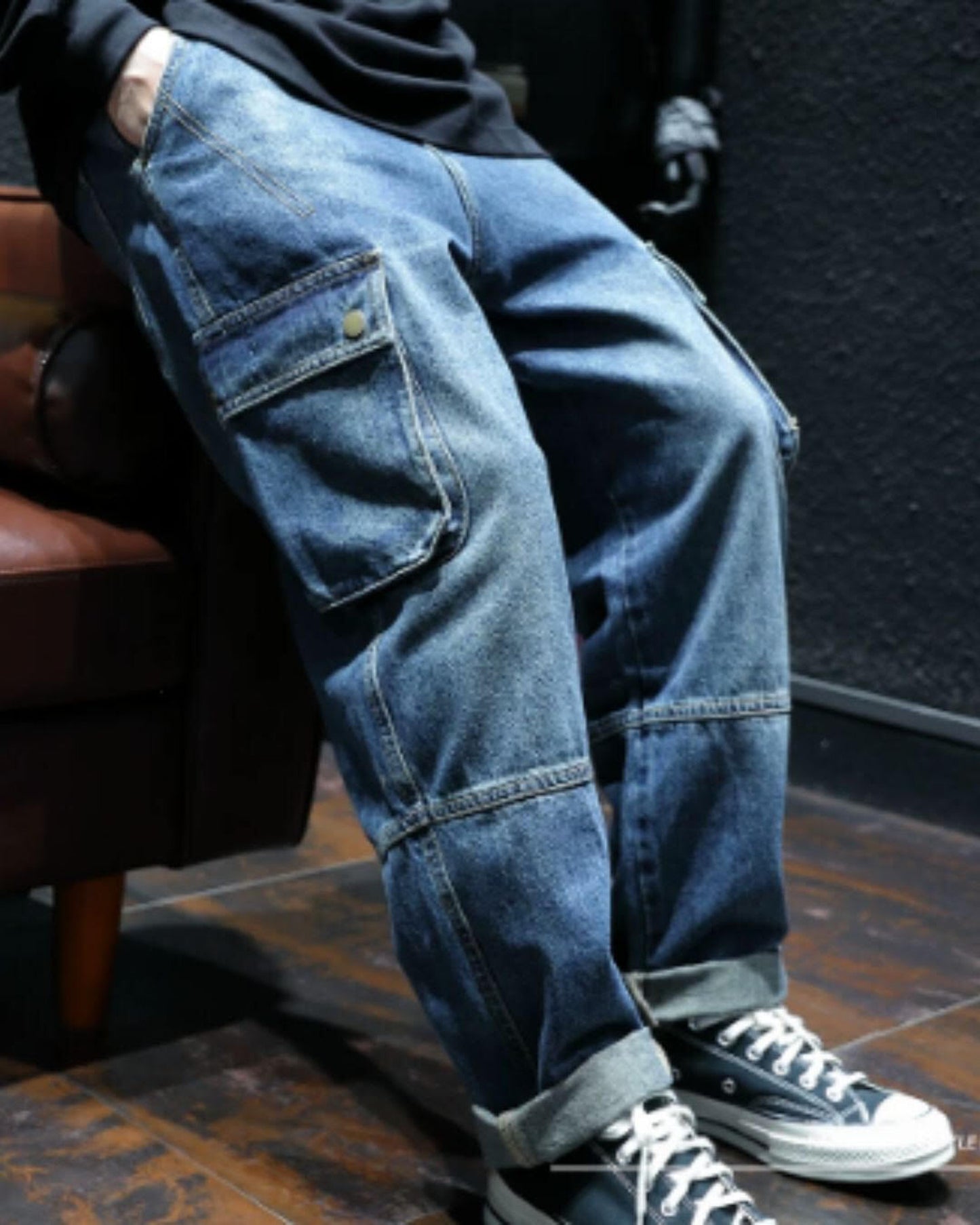 vintage processed loose fit cargo denim pants 【ACT0023】