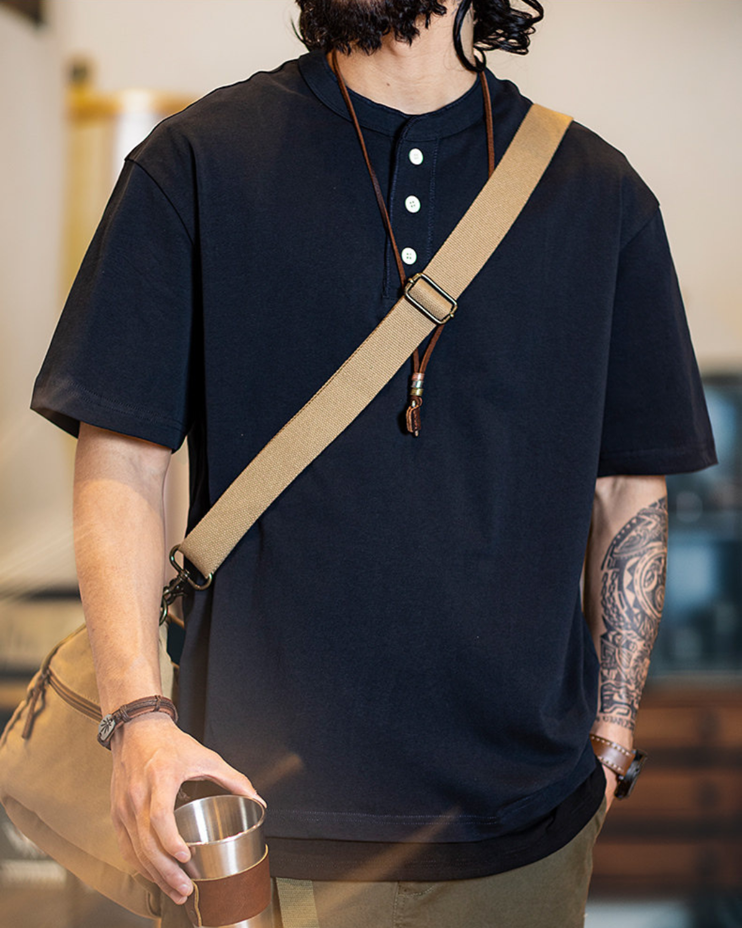 Button detail casual neck t-shirt 4color 【ACT0154】